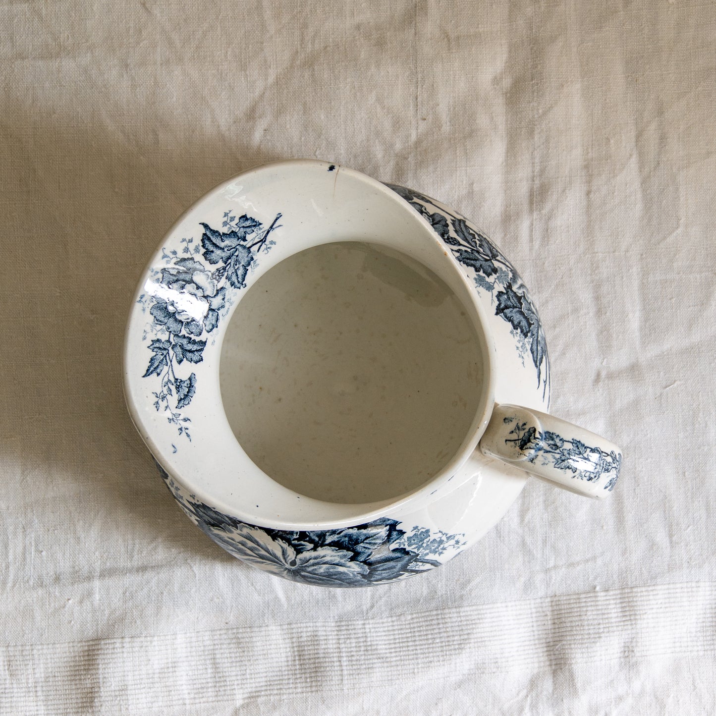 French Antique White Ironstone Jug Pitcher With Blue Floral Pattern