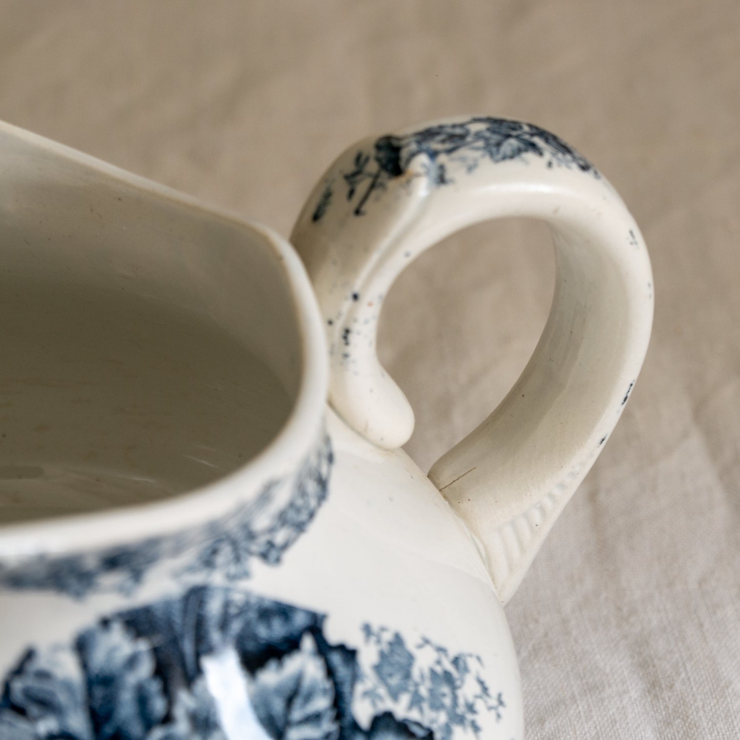 French Antique White Ironstone Jug Pitcher With Blue Floral Pattern
