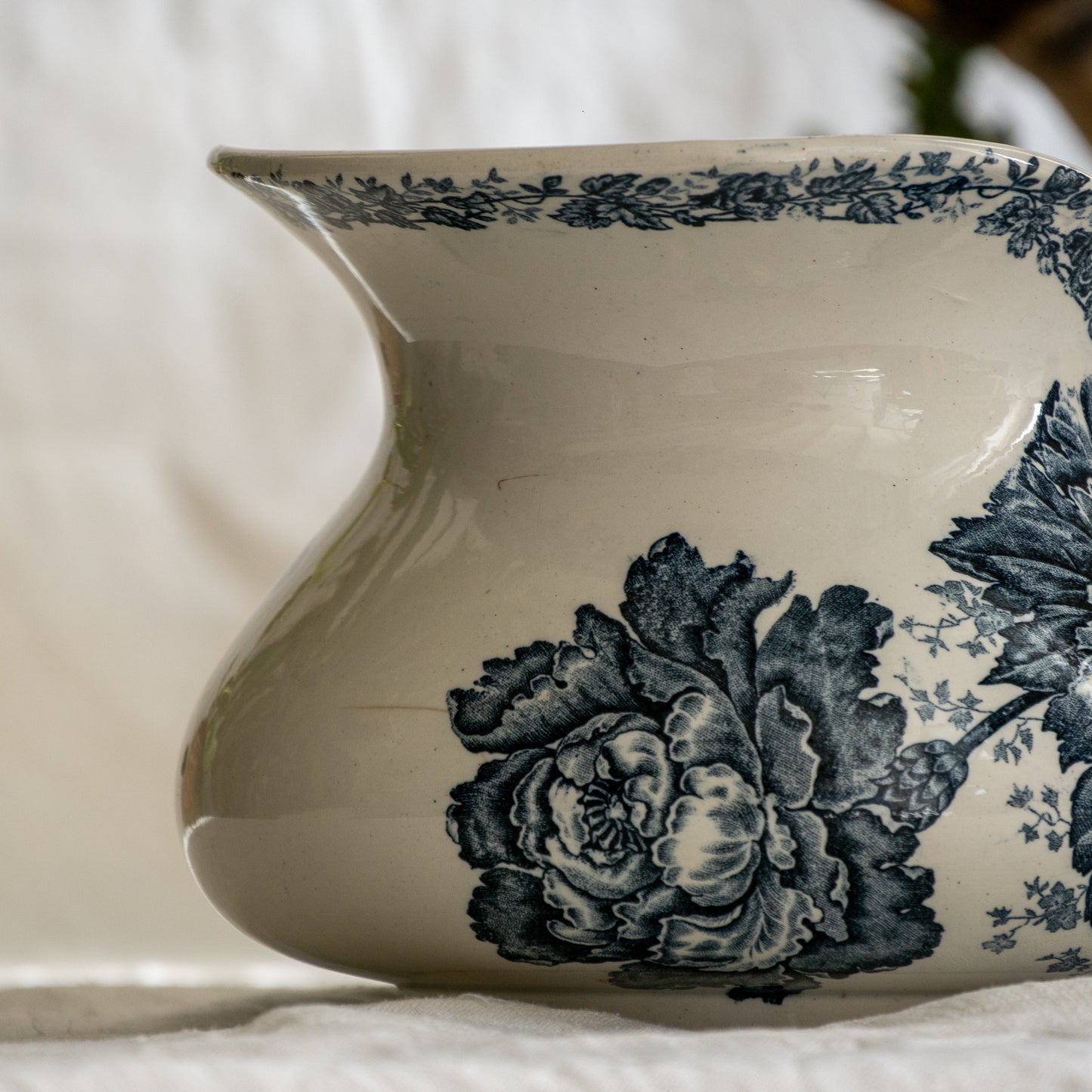 French Antique White Ironstone Jug Pitcher With Blue Floral Pattern