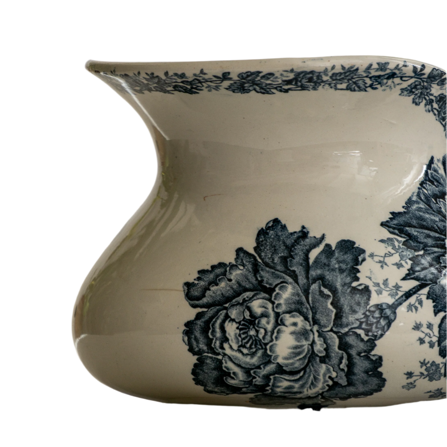 French Antique White Ironstone Jug Pitcher With Blue Floral Pattern