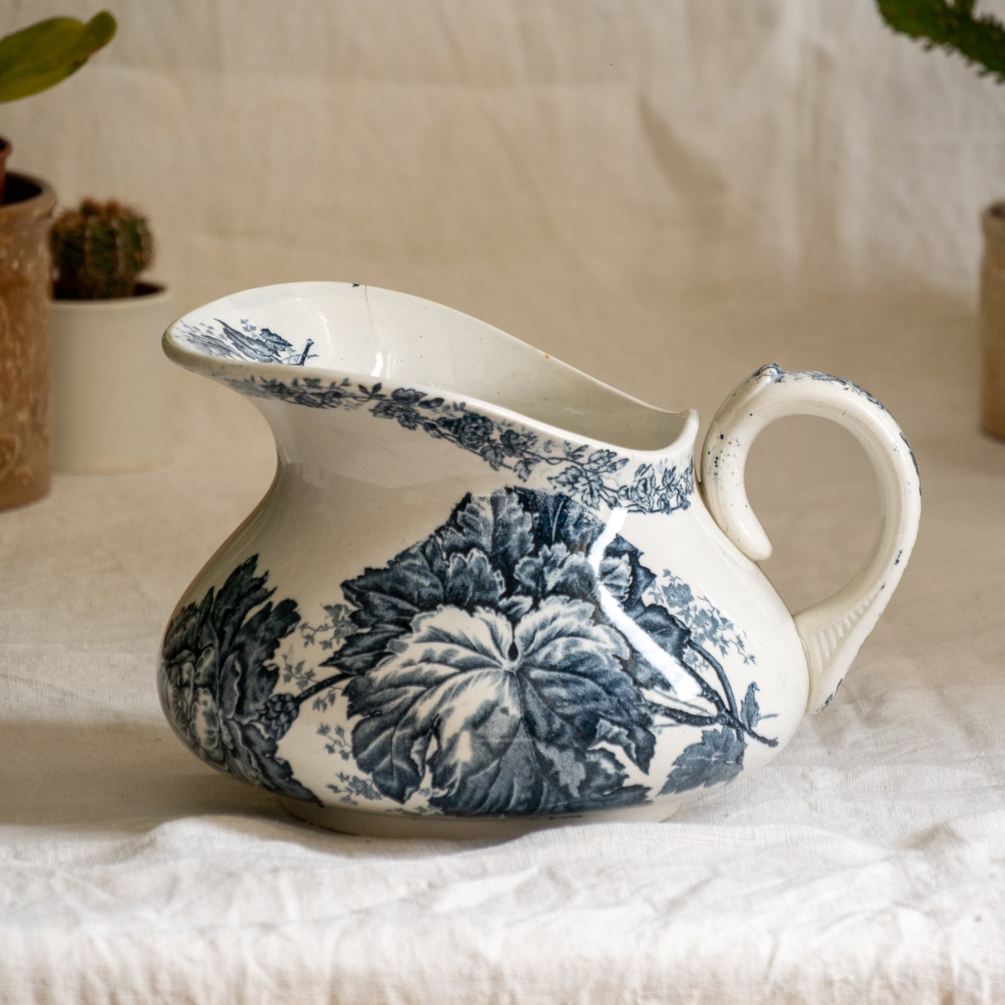 French Antique White Ironstone Jug Pitcher With Blue Floral Pattern