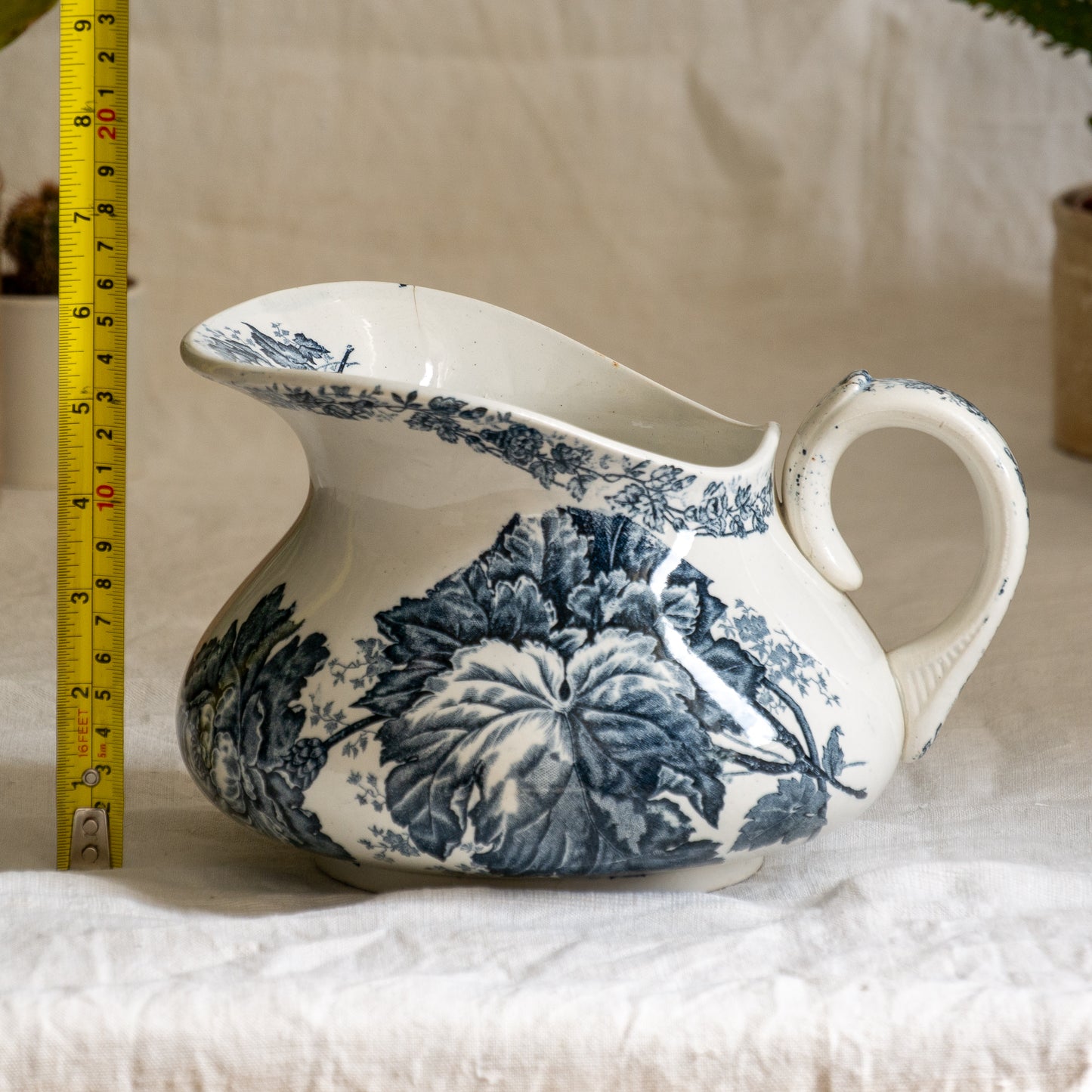 French Antique White Ironstone Jug Pitcher With Blue Floral Pattern