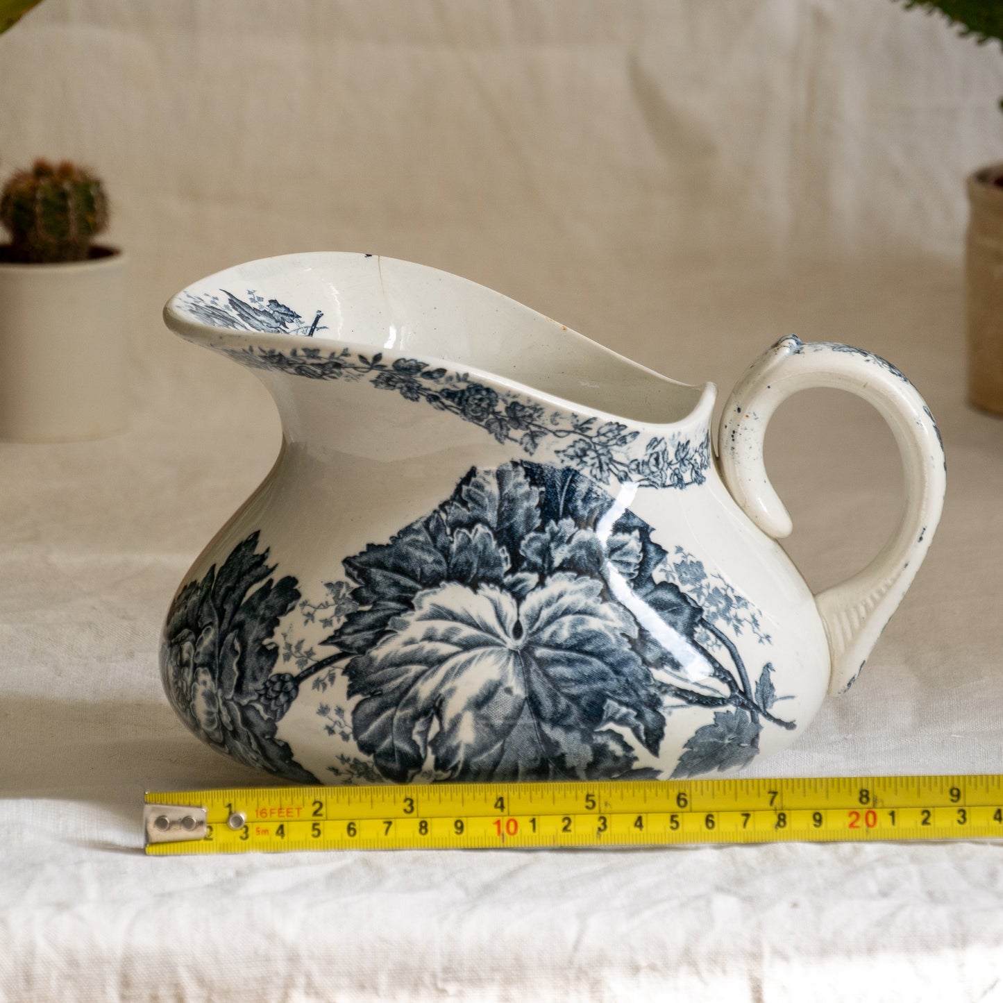 French Antique White Ironstone Jug Pitcher With Blue Floral Pattern