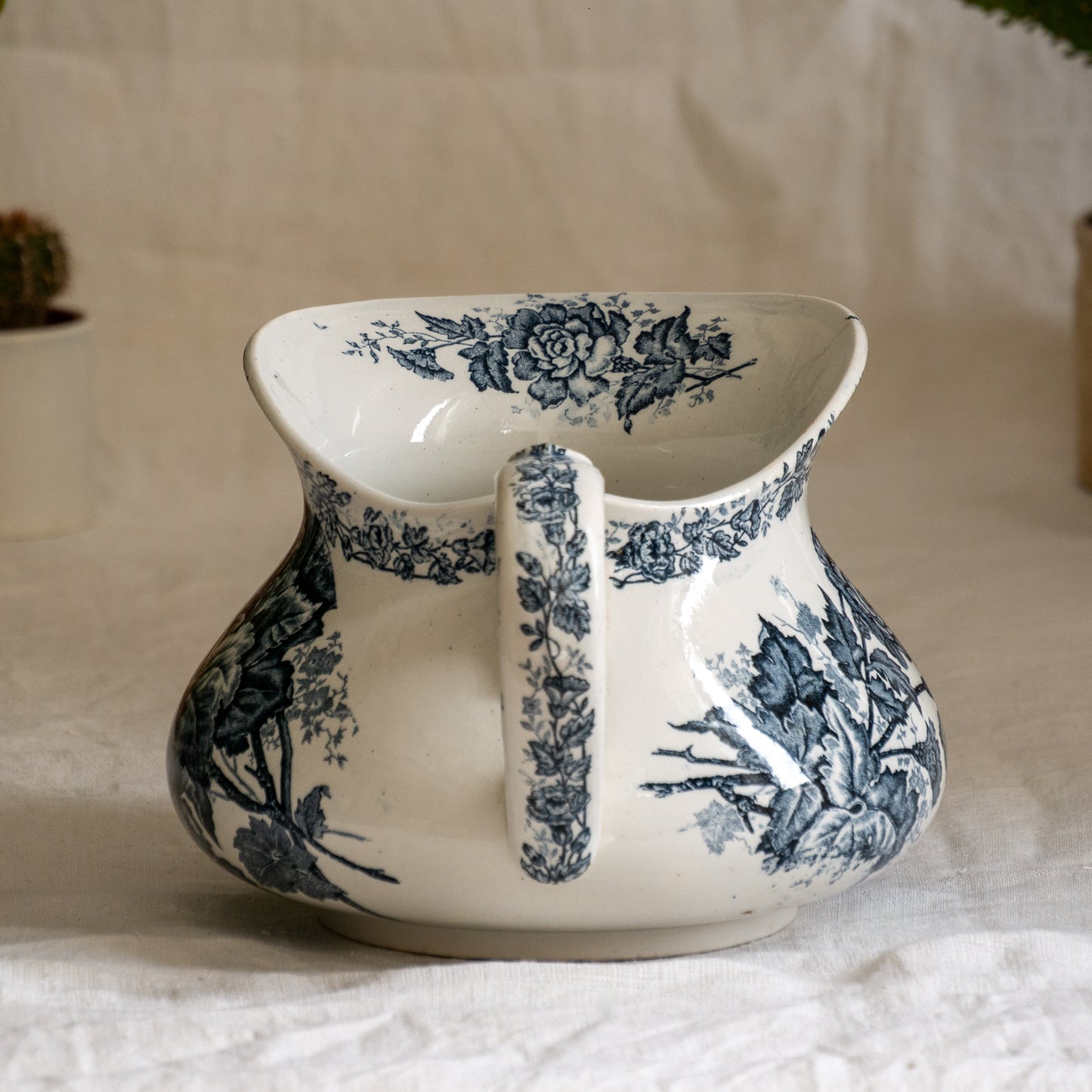 French Antique White Ironstone Jug Pitcher With Blue Floral Pattern