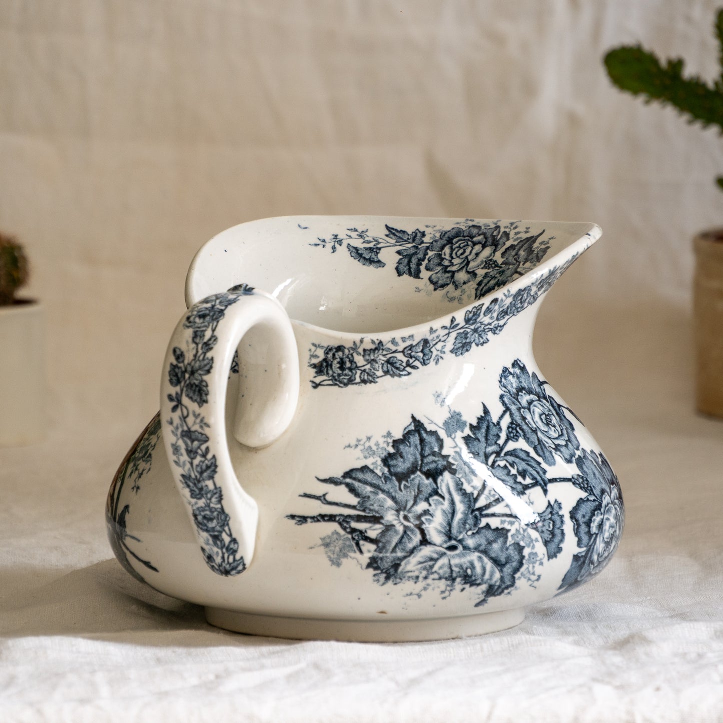 French Antique White Ironstone Jug Pitcher With Blue Floral Pattern