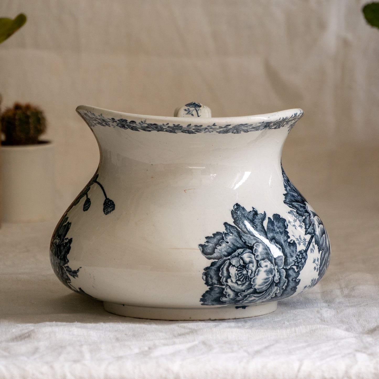 French Antique White Ironstone Jug Pitcher With Blue Floral Pattern