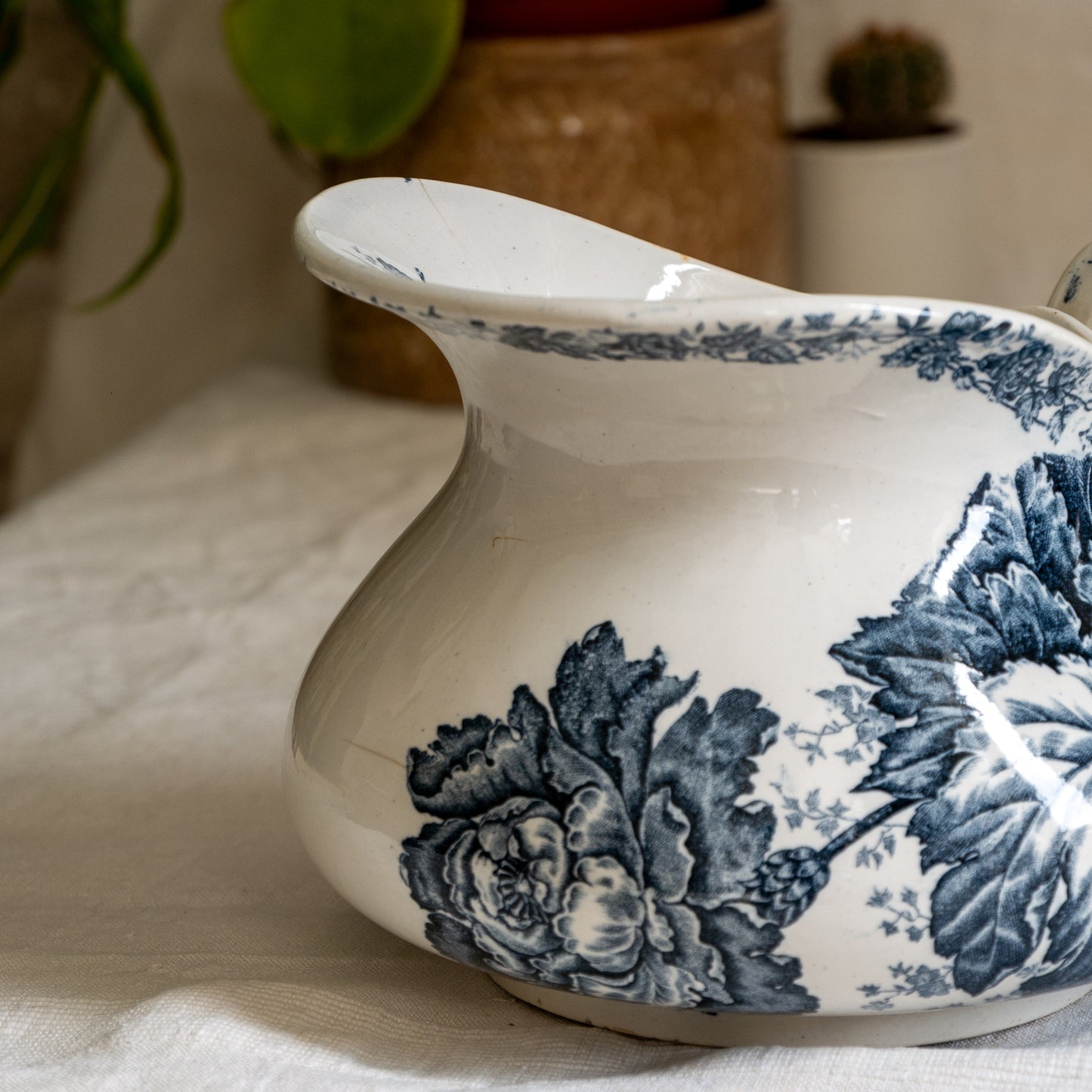 French Antique White Ironstone Jug Pitcher With Blue Floral Pattern