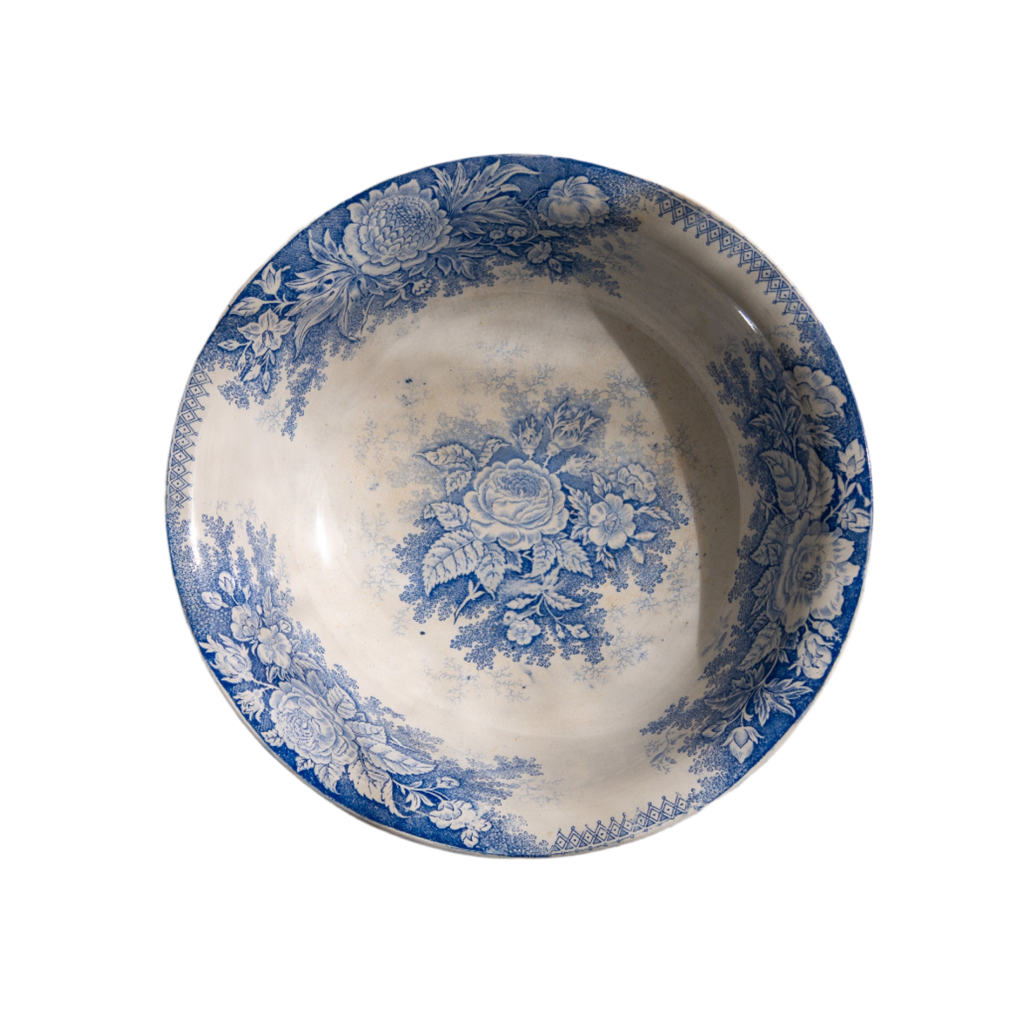 A large and beautiful antique white ironstone bowl or wash basin with blue floral pattern by premier French manufacturer, Sarreguemines.
This piece is circa. 1875 - 1900 so well over 100 years old! 
A stunning piece of original antique ironstone from France that will make excellent home decor.