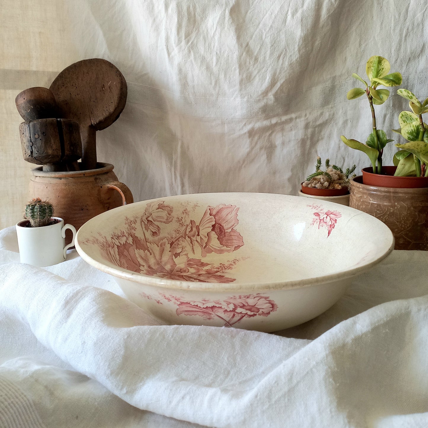 Large ironstone bowl with pink floral pattern, shabby chic wash basin