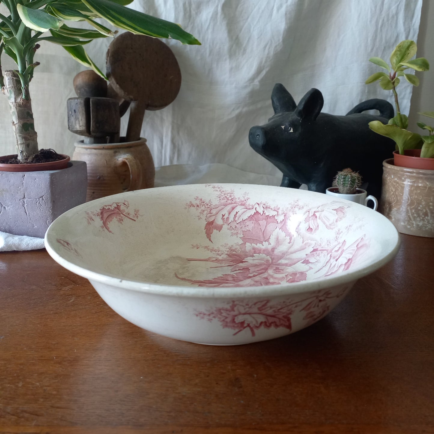 Large ironstone bowl with pink floral pattern, shabby chic wash basin