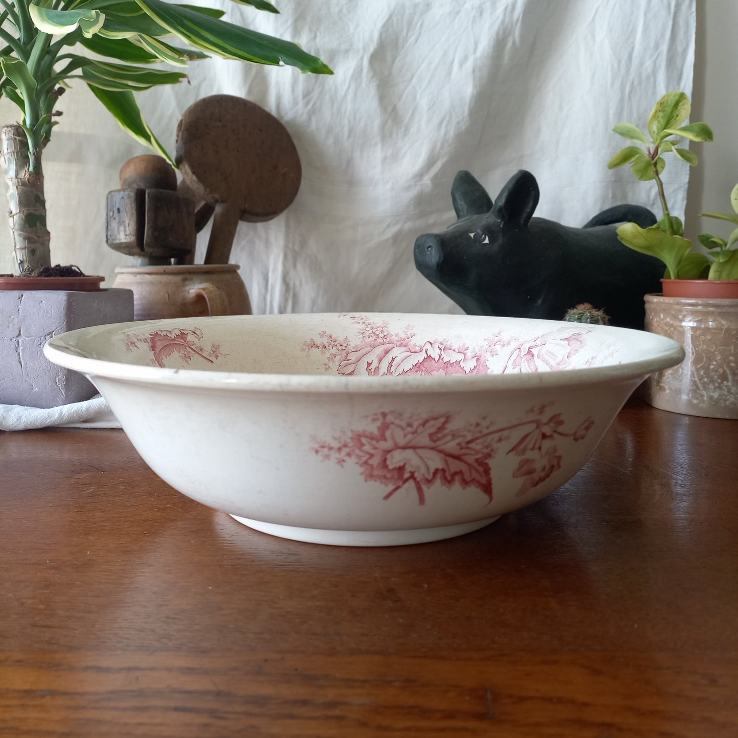 Large ironstone bowl with pink floral pattern, shabby chic wash basin