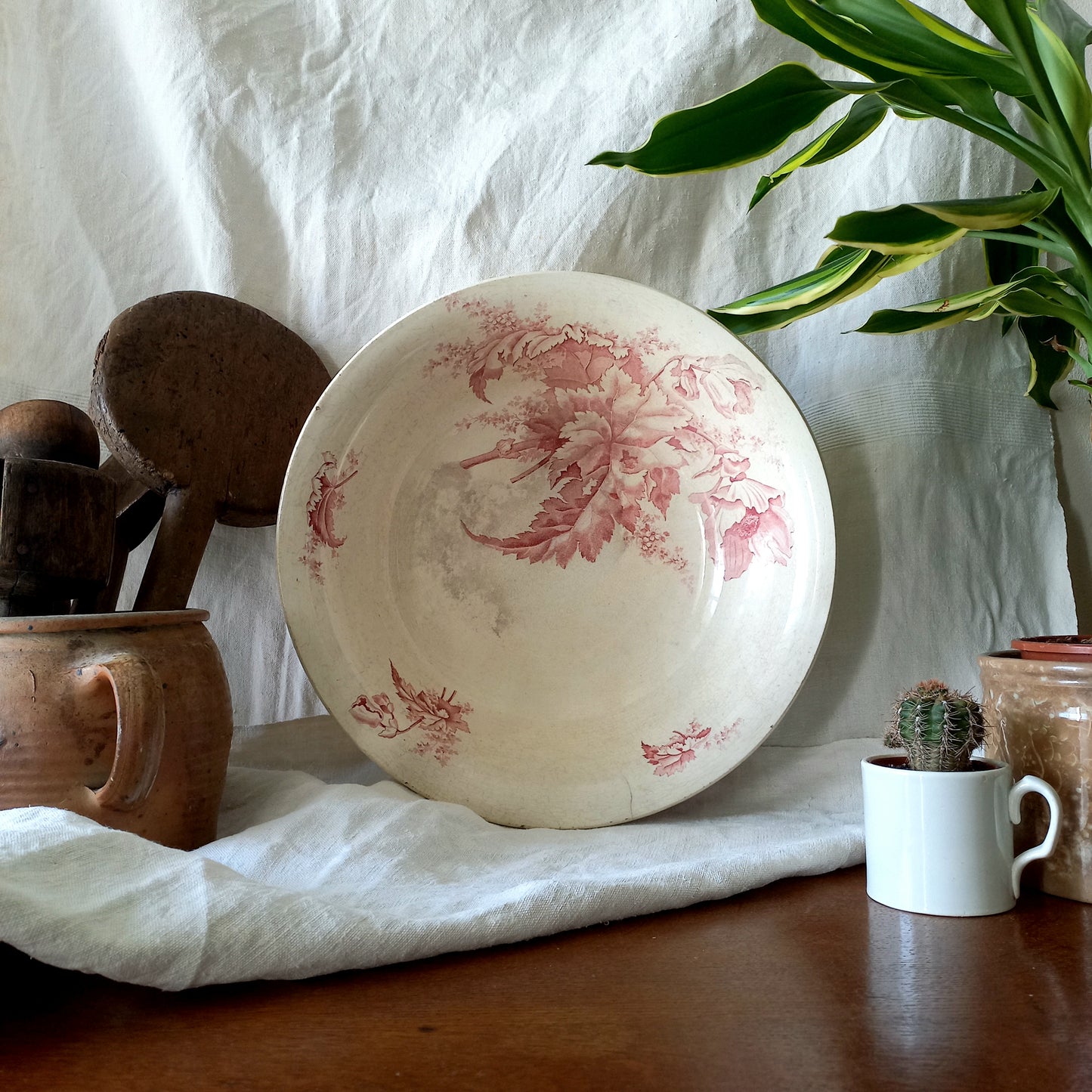 Large ironstone bowl with pink floral pattern, shabby chic wash basin
