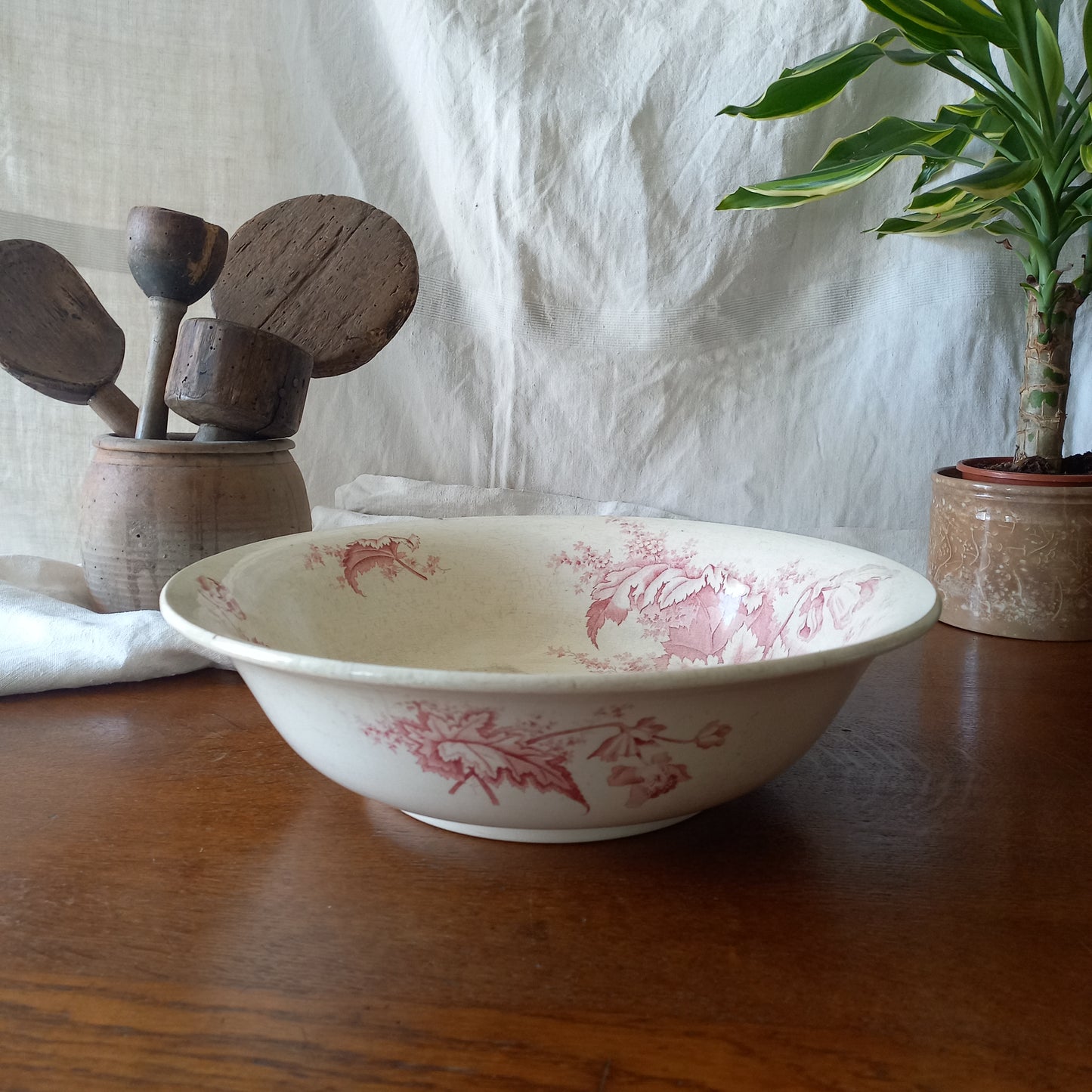 Large ironstone bowl with pink floral pattern, shabby chic wash basin