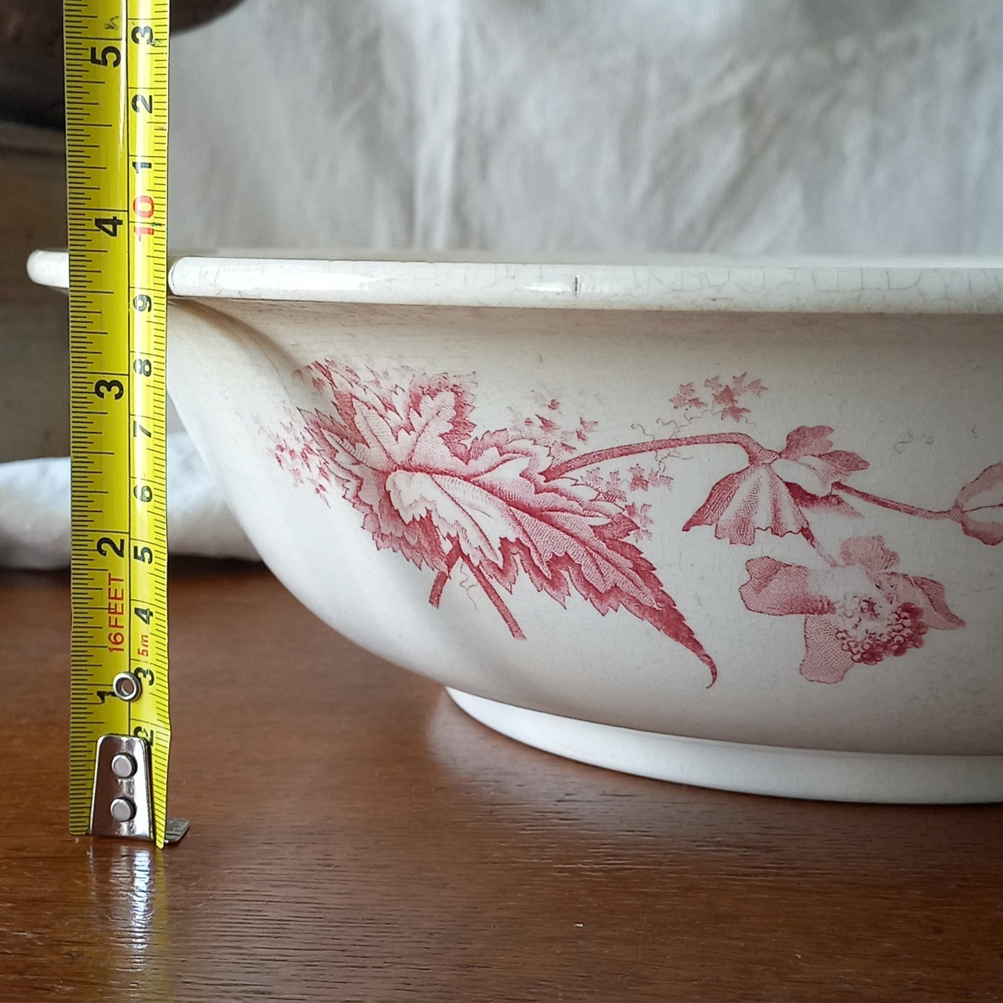 Large ironstone bowl with pink floral pattern, shabby chic wash basin