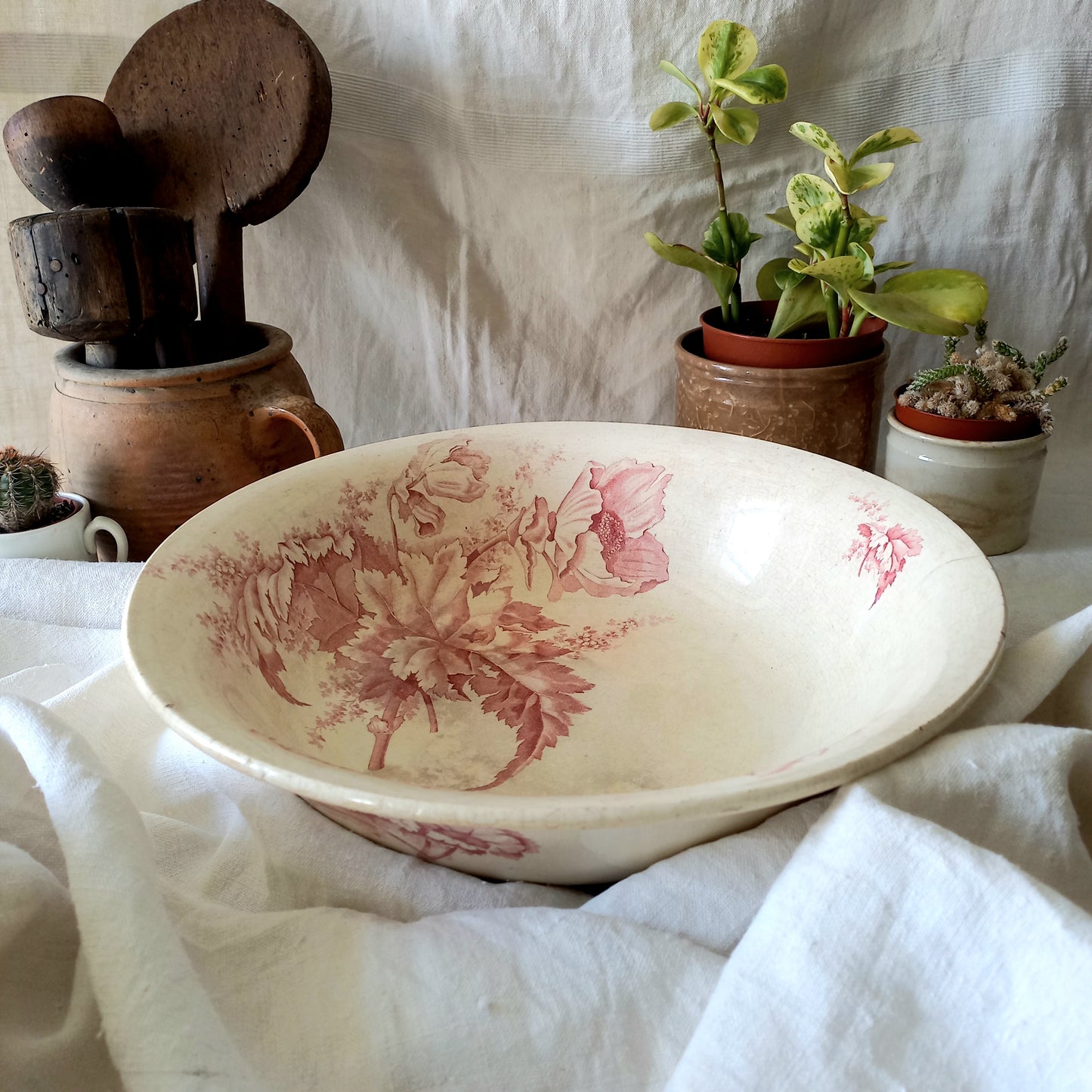 Large ironstone bowl with pink floral pattern, shabby chic wash basin