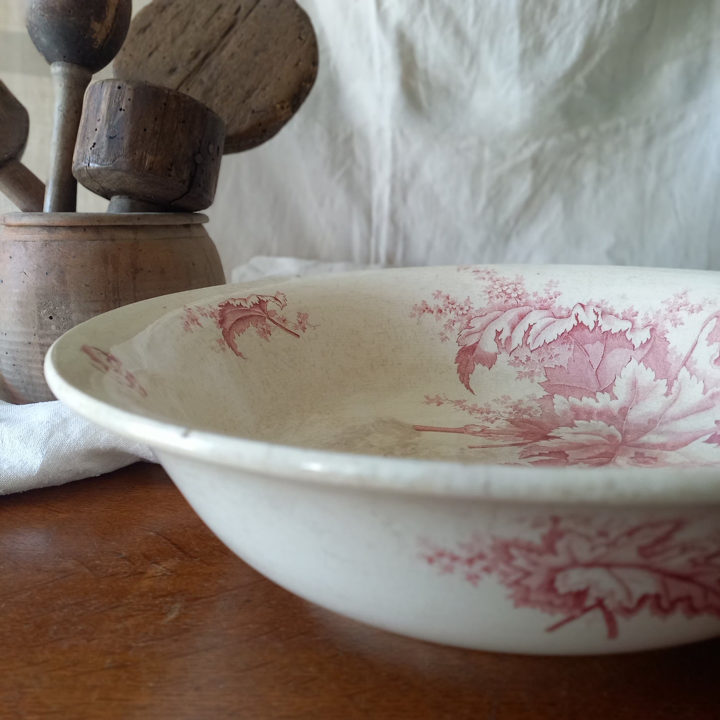 Large ironstone bowl with pink floral pattern, shabby chic wash basin