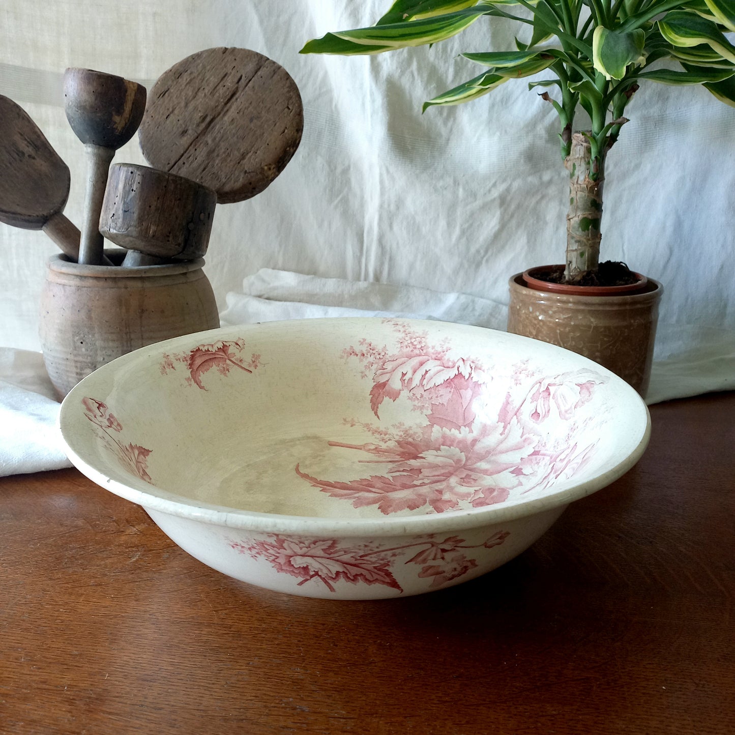 Large ironstone bowl with pink floral pattern, shabby chic wash basin