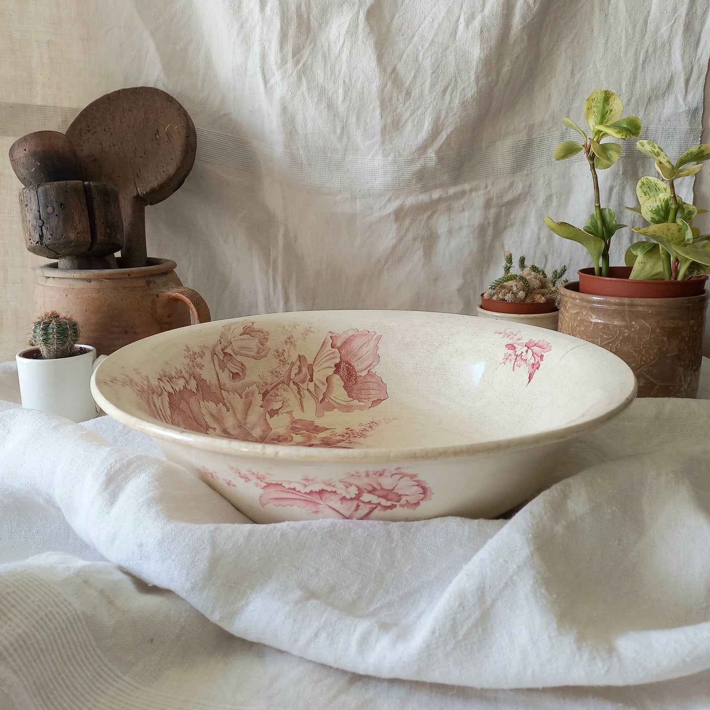 Large ironstone bowl with pink floral pattern, shabby chic wash basin