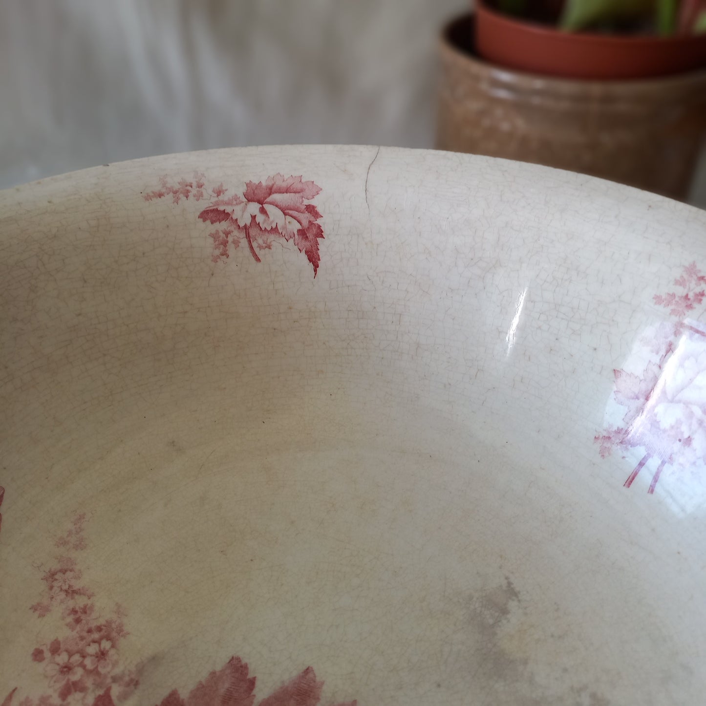 Large ironstone bowl with pink floral pattern, shabby chic wash basin