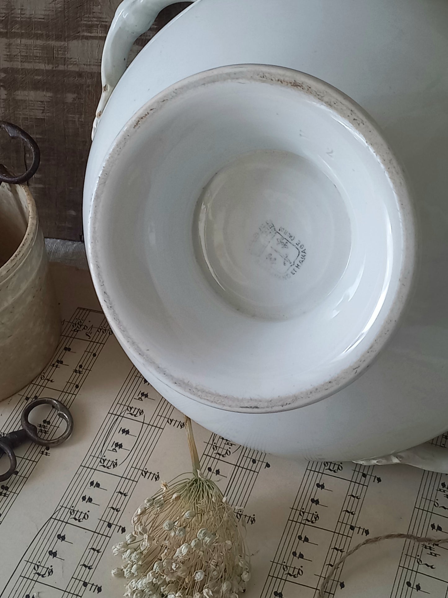 Antique white ironstone soup tureen, french antique lidded bowl, shabby chic decor