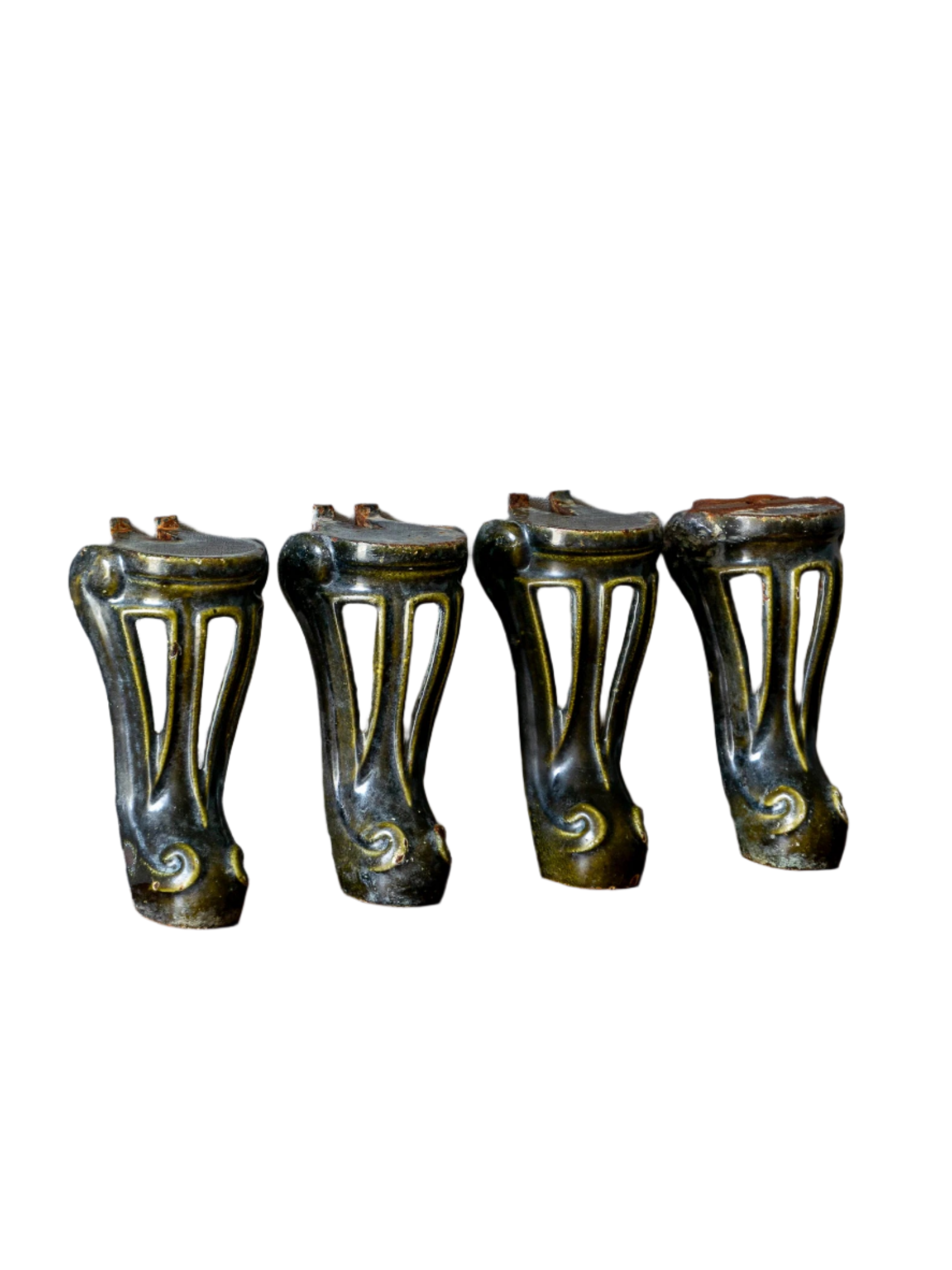 A set of 4 French vintage/antique cast iron bath feet / furniture feet with green enamel finishes, beautifully detailed and decorative pieces perfect for finishing a furniture project.