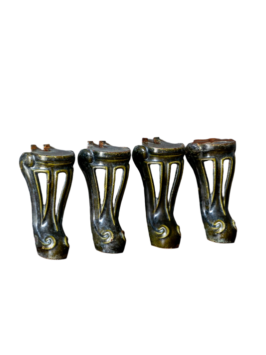 A set of 4 French vintage/antique cast iron bath feet / furniture feet with green enamel finishes, beautifully detailed and decorative pieces perfect for finishing a furniture project.