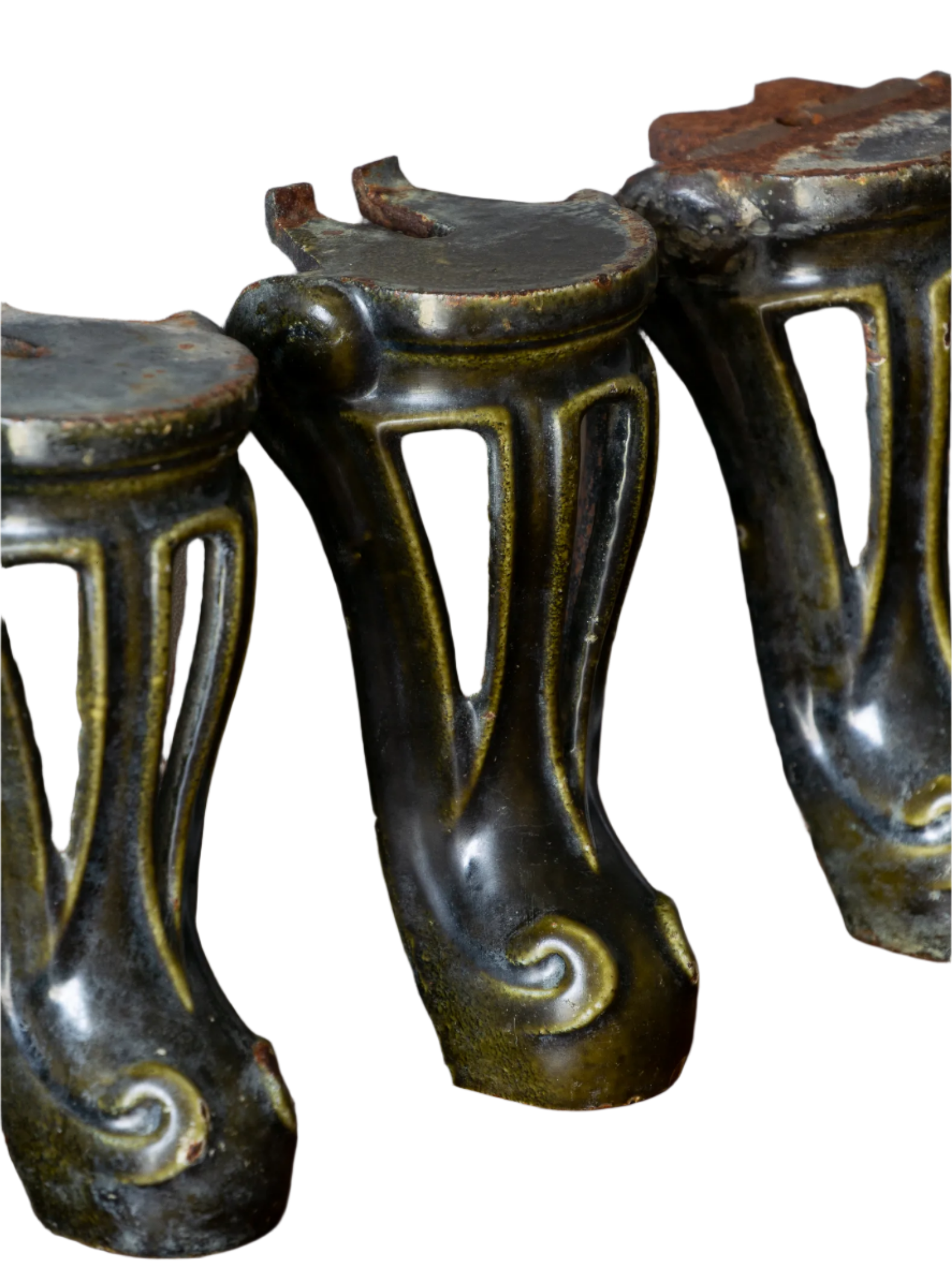 A set of 4 French vintage/antique cast iron bath feet / furniture feet with green enamel finishes, beautifully detailed and decorative pieces perfect for finishing a furniture project.