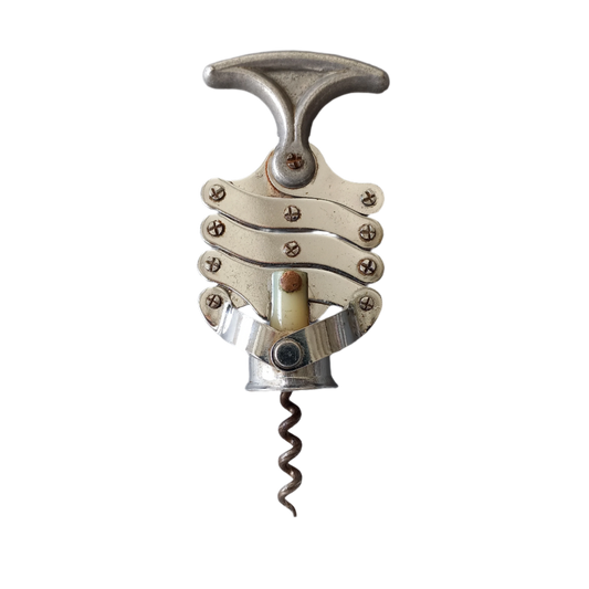 A stylish vintage concertina bottle opener from France, a heavy and quality piece in working condition.
The corkscrew has been well-used and has plenty of age-related wear such as scratches, staining, and worn silver coating in places with mild rusty patina showing through.
A great addition for a corkscrew/bottle opener collection.