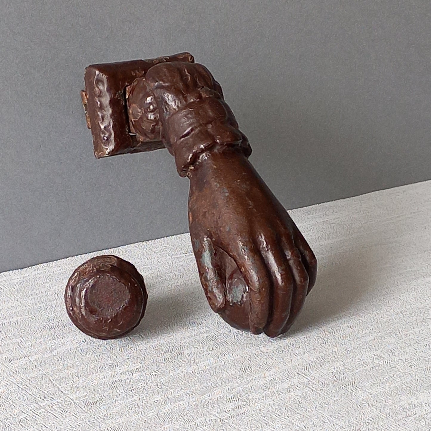 A French decorative antique cast-iron female hand door knocker, an original piece of door decor which is a quality and solid piece with shabby chic finish.