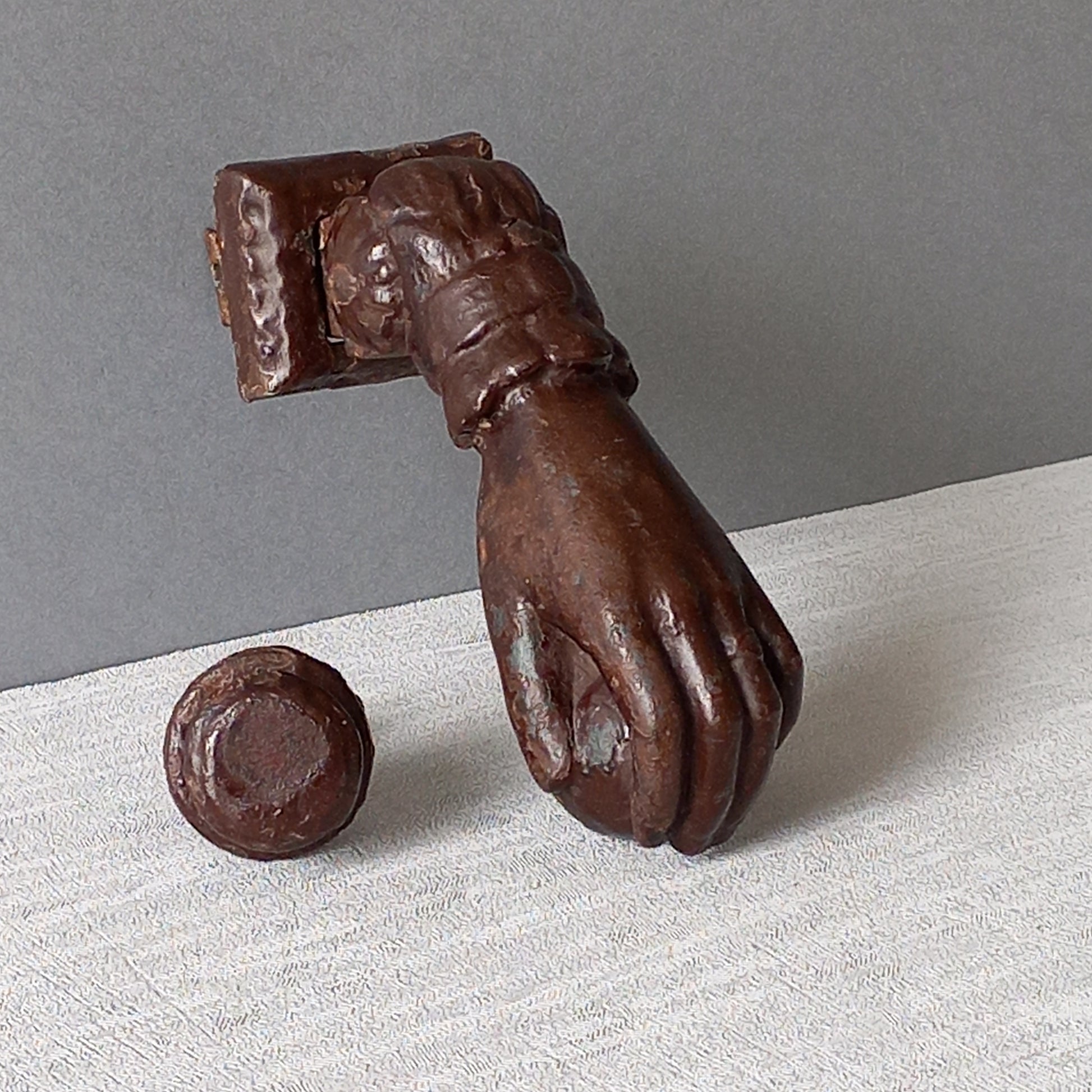 A French decorative antique cast-iron female hand door knocker, an original piece of door decor which is a quality and solid piece with shabby chic finish.