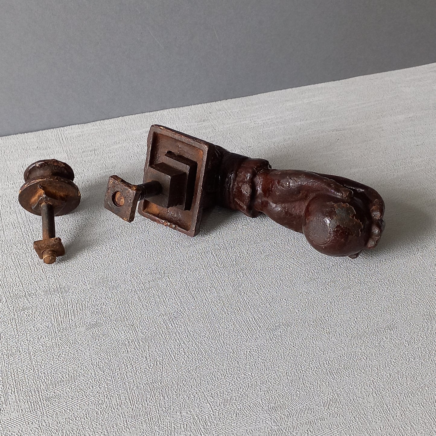 A French decorative antique cast-iron female hand door knocker, an original piece of door decor which is a quality and solid piece with shabby chic finish.