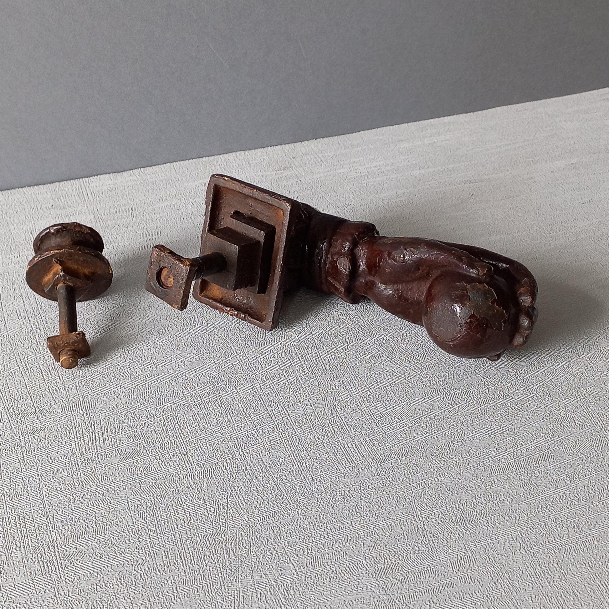 A French decorative antique cast-iron female hand door knocker, an original piece of door decor which is a quality and solid piece with shabby chic finish.