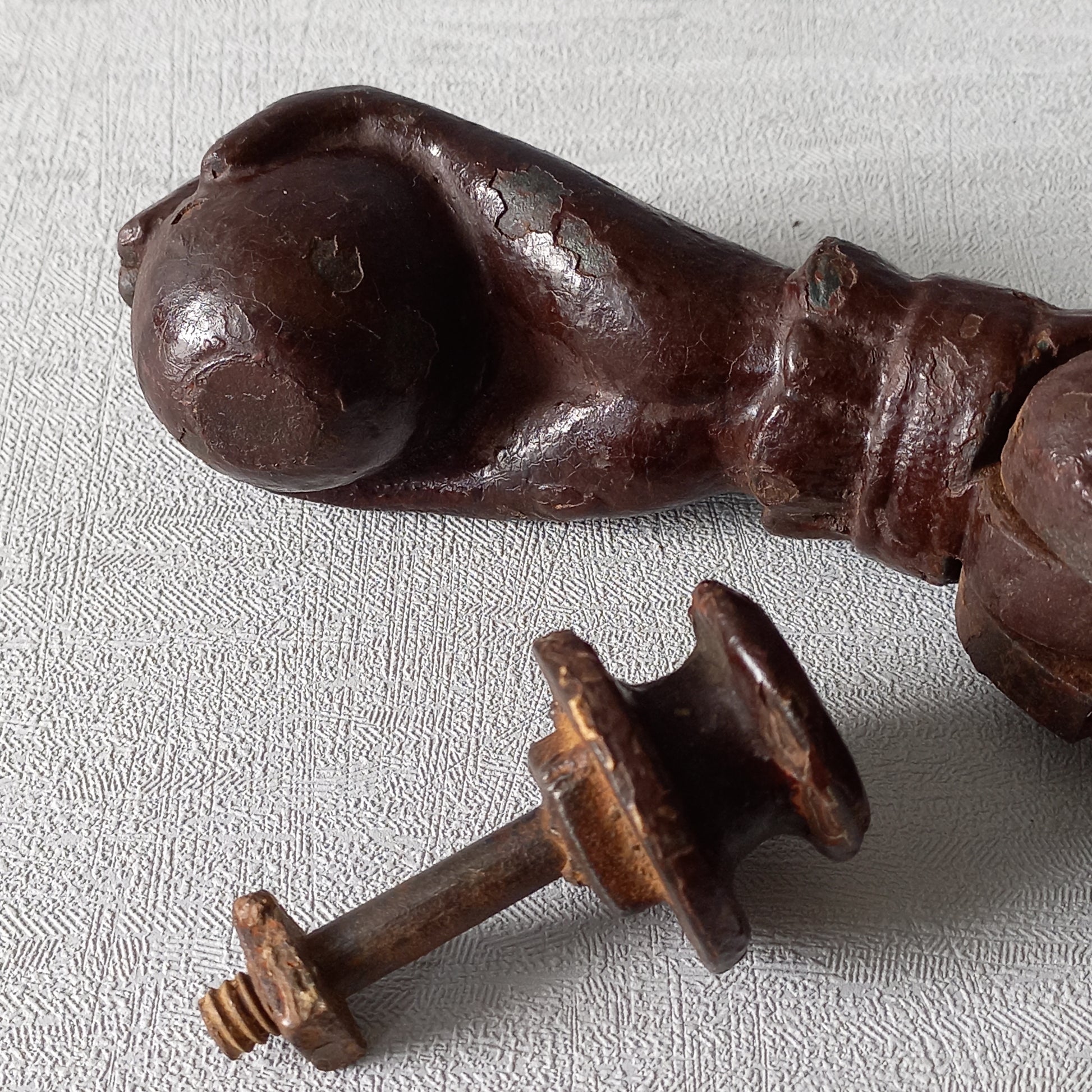 A French decorative antique cast-iron female hand door knocker, an original piece of door decor which is a quality and solid piece with shabby chic finish.