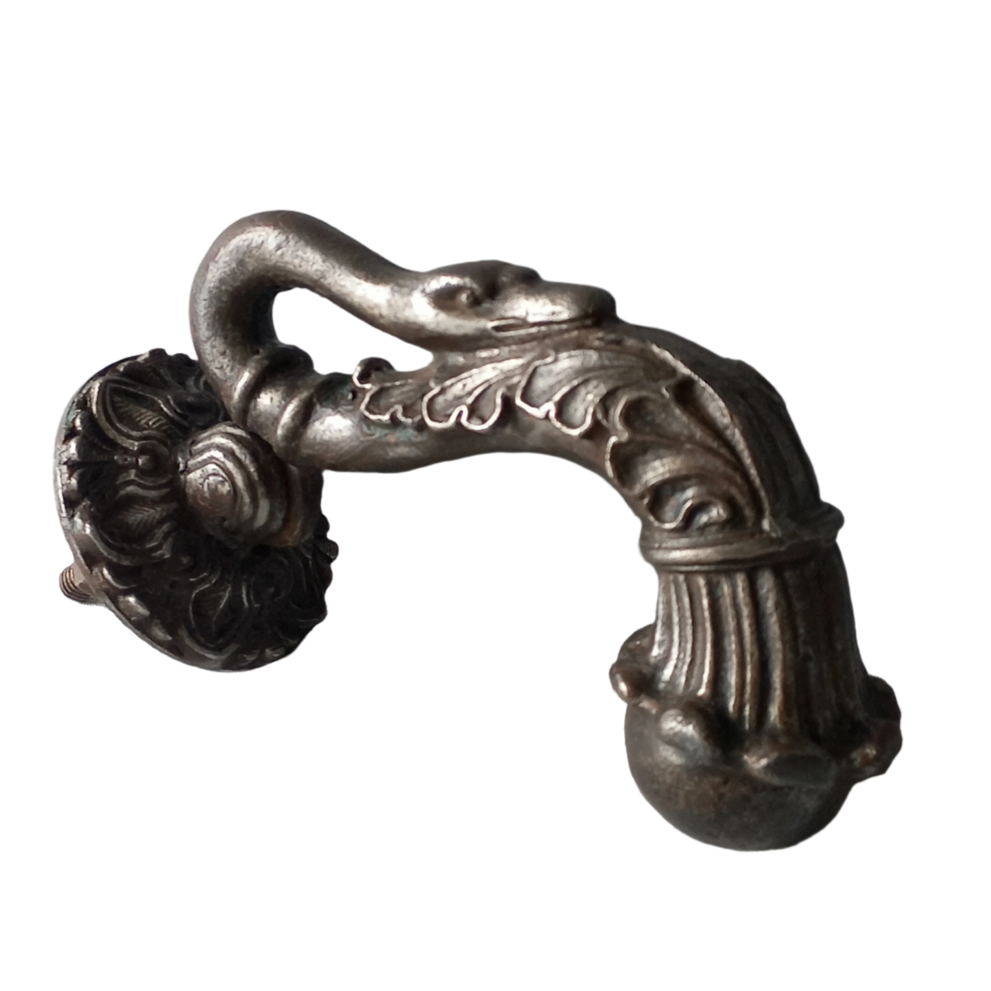 A stunning and large antique cast iron decorative door knocker with an elegant swan's neck and head, a very heavy and original antique piece purchased in south west France.