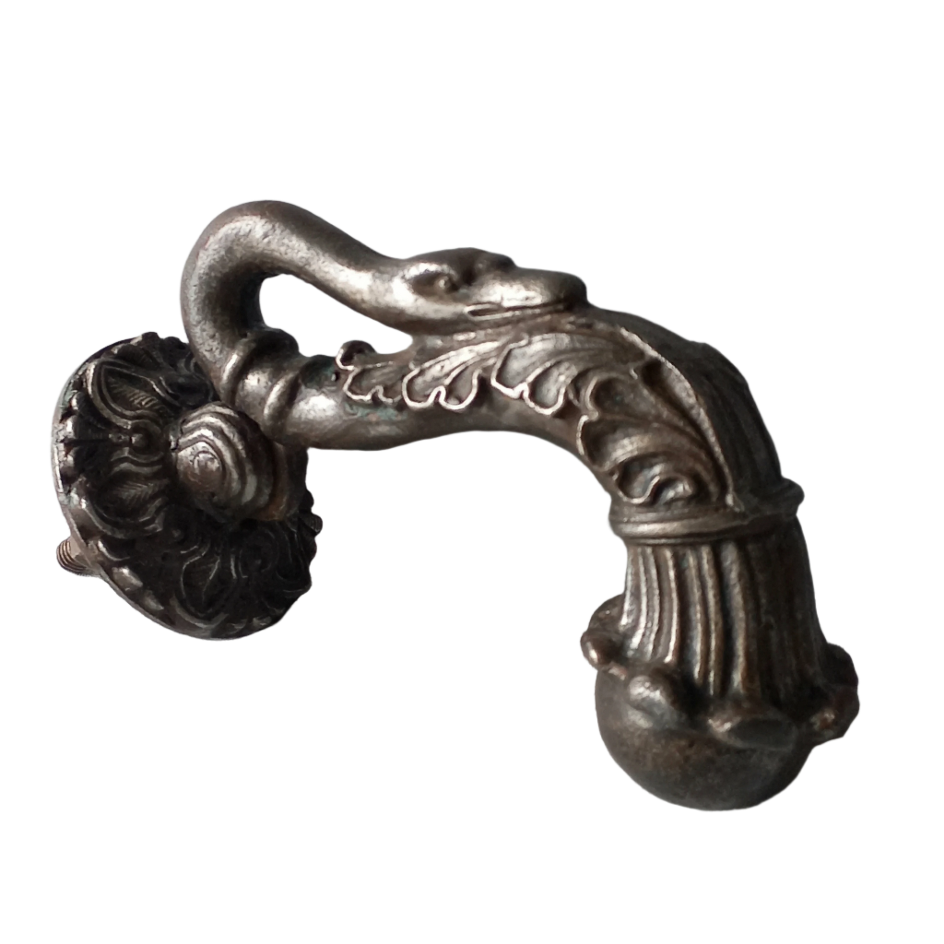 A stunning and large antique cast iron decorative door knocker with an elegant swan's neck and head, a very heavy and original antique piece purchased in south west France.