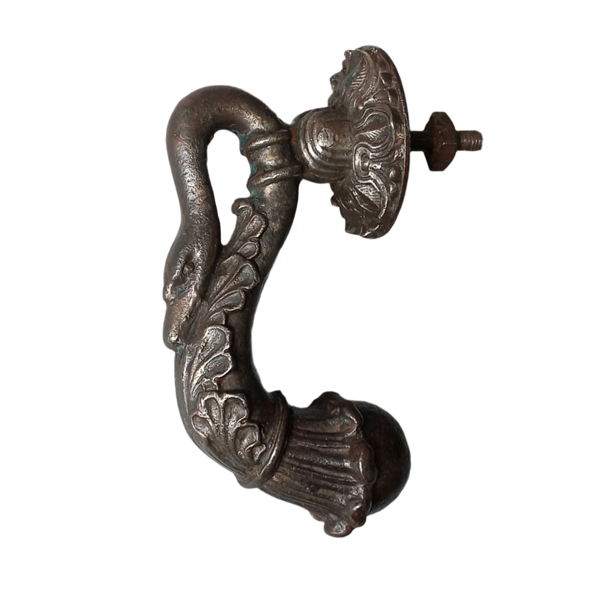 A stunning and large antique cast iron decorative door knocker with an elegant swan's neck and head, a very heavy and original antique piece purchased in south west France.