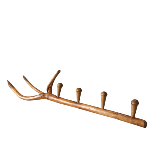 Porte-manteau rustique vintage français en bois avec 4 patères