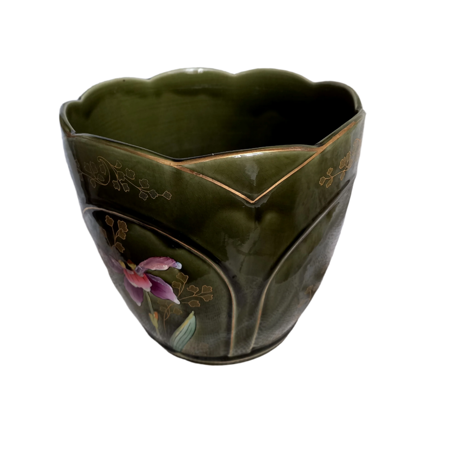 Jardinière décorative ancienne Art nouveau avec fleur d'iris par Gustave de Bruyn de Fives Lille