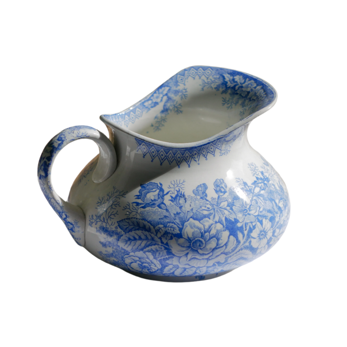 Pichet décoratif ancien en terre cuite blanche à motif floral bleu