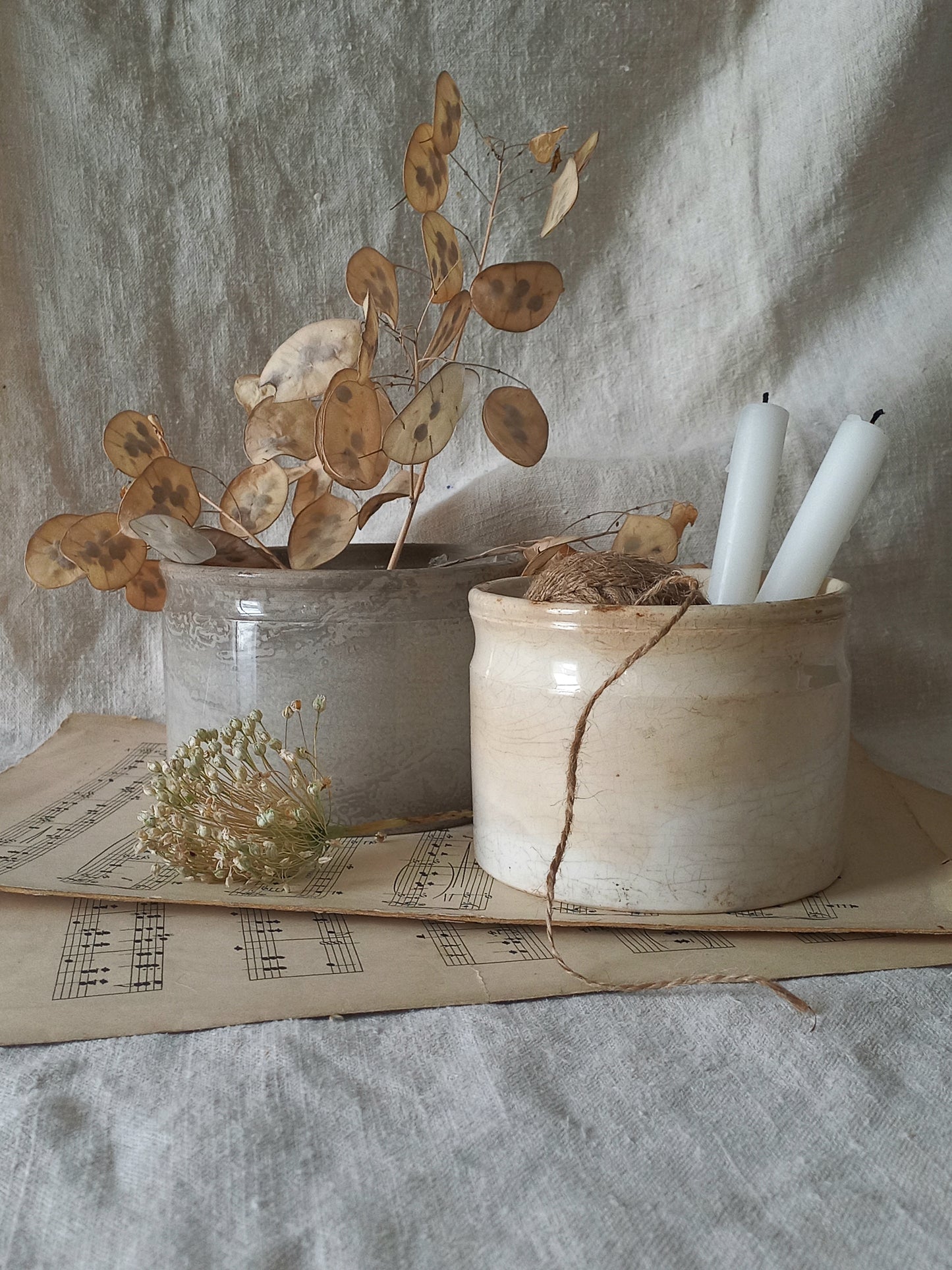 Pair of French antique tea-stained and crazed ironstone jam pots or preserve pots.