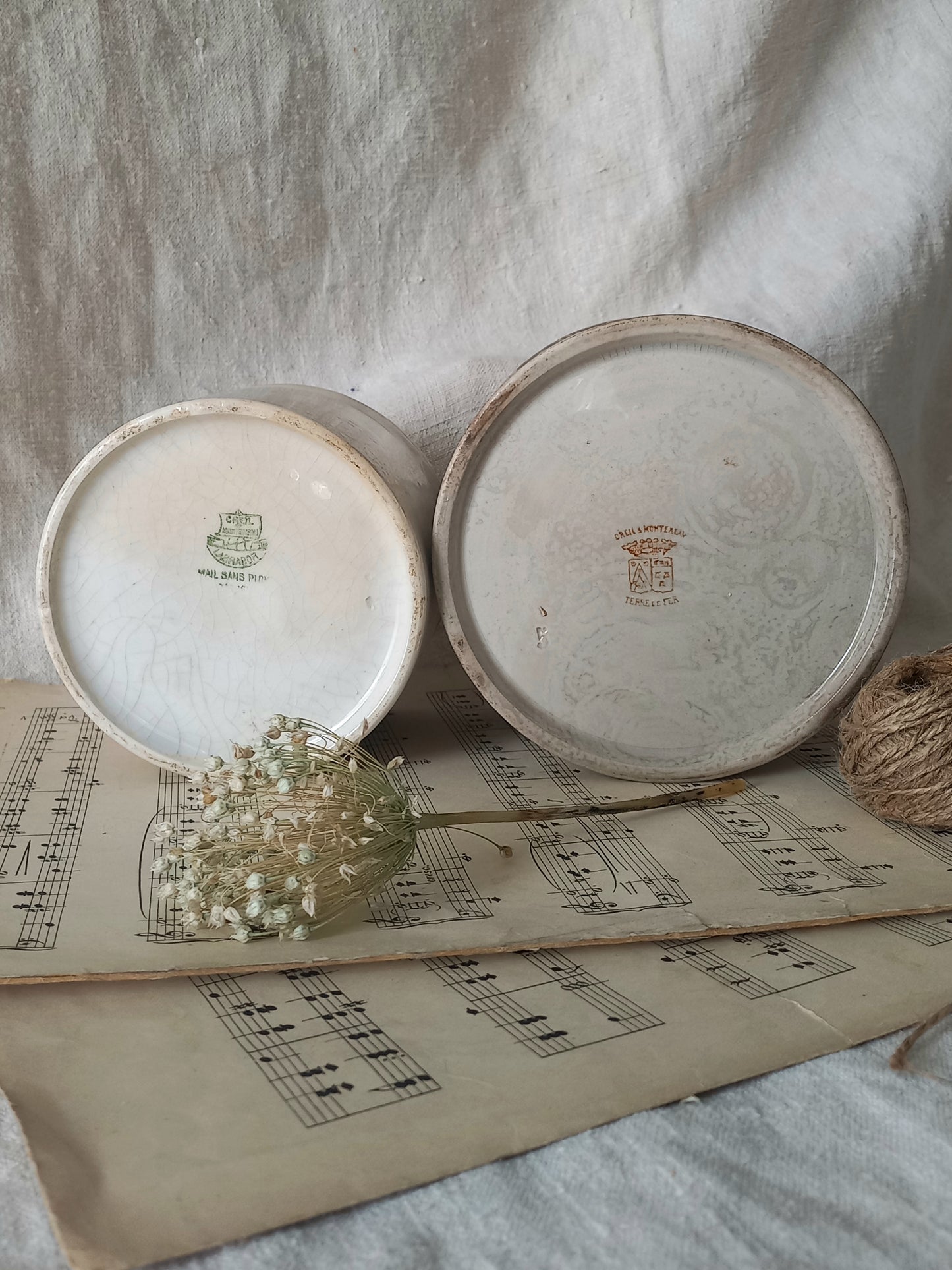 Pair of French antique tea-stained and crazed ironstone jam pots or preserve pots.