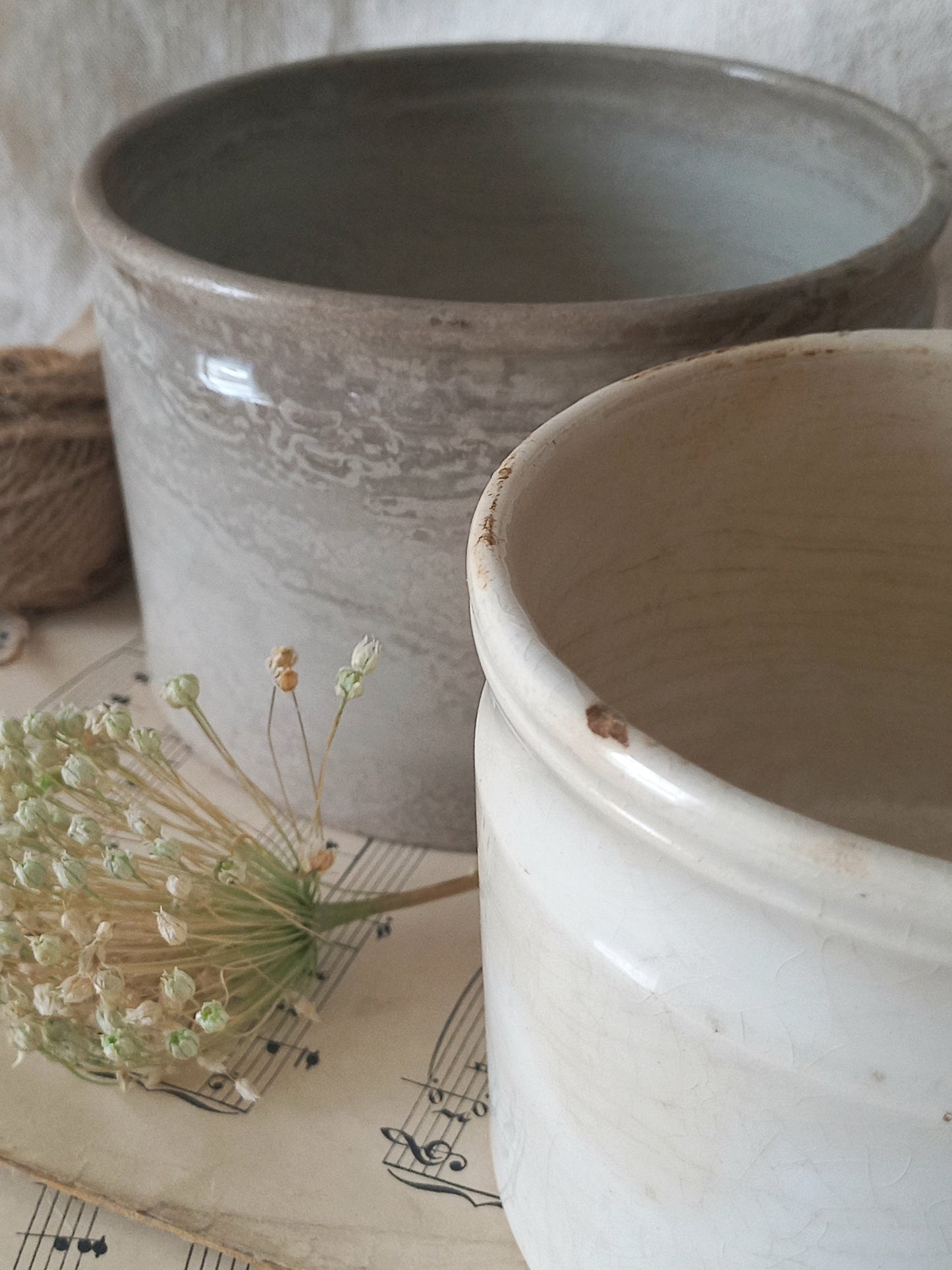 Two ceramic pots, one gray and one white, on a surface with dried plants.