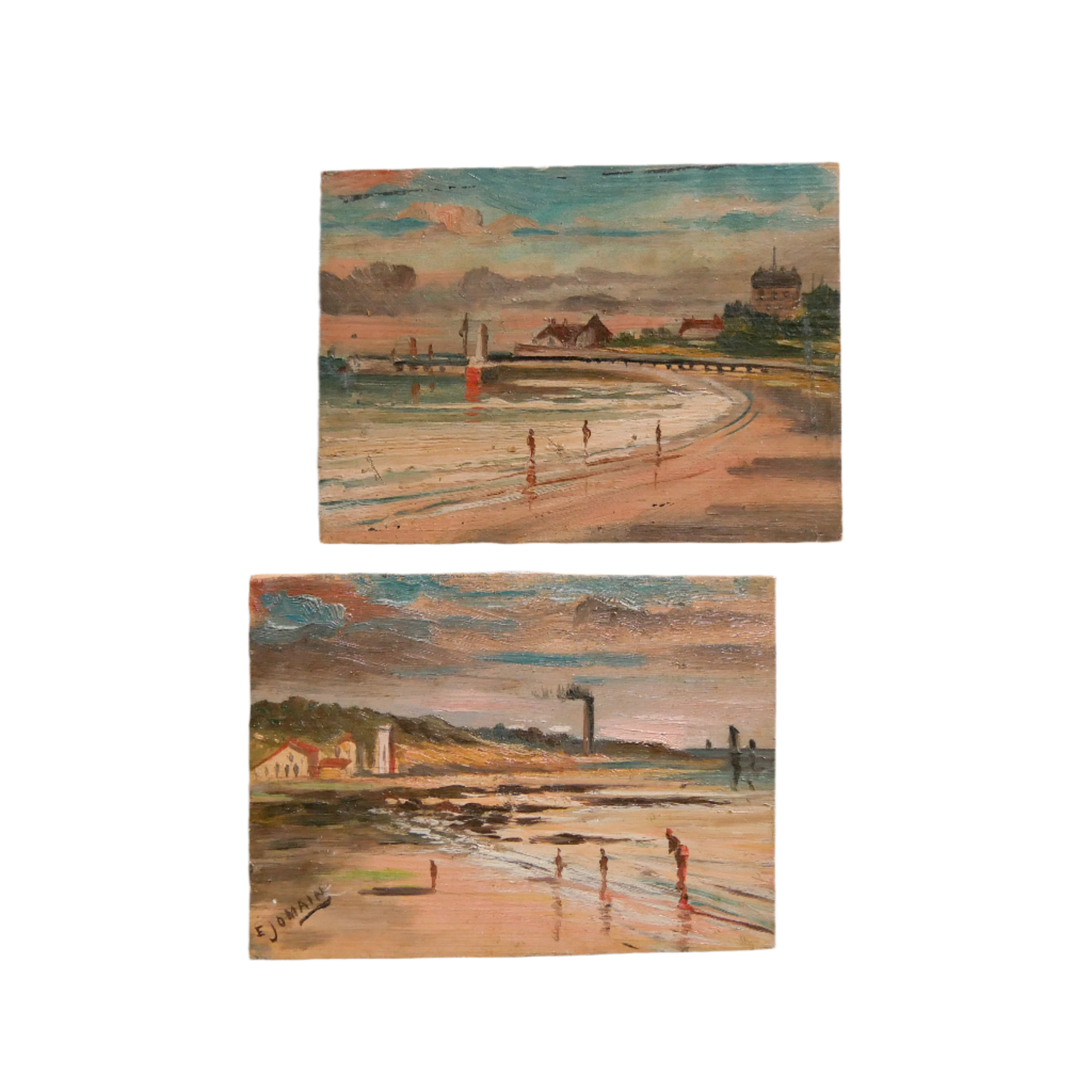 A beautiful pair of small coastal beach paintings on little wooden boards. Each original painting is wonderfully rendered with delightful and moody colours. The artist has signed one painting.
These original pieces of art look great displayed against a wall or on a mantelpiece, etc, and would also look equally nice on miniature easels as seen in two of our photos, or framed and on the wall - many possibilities!