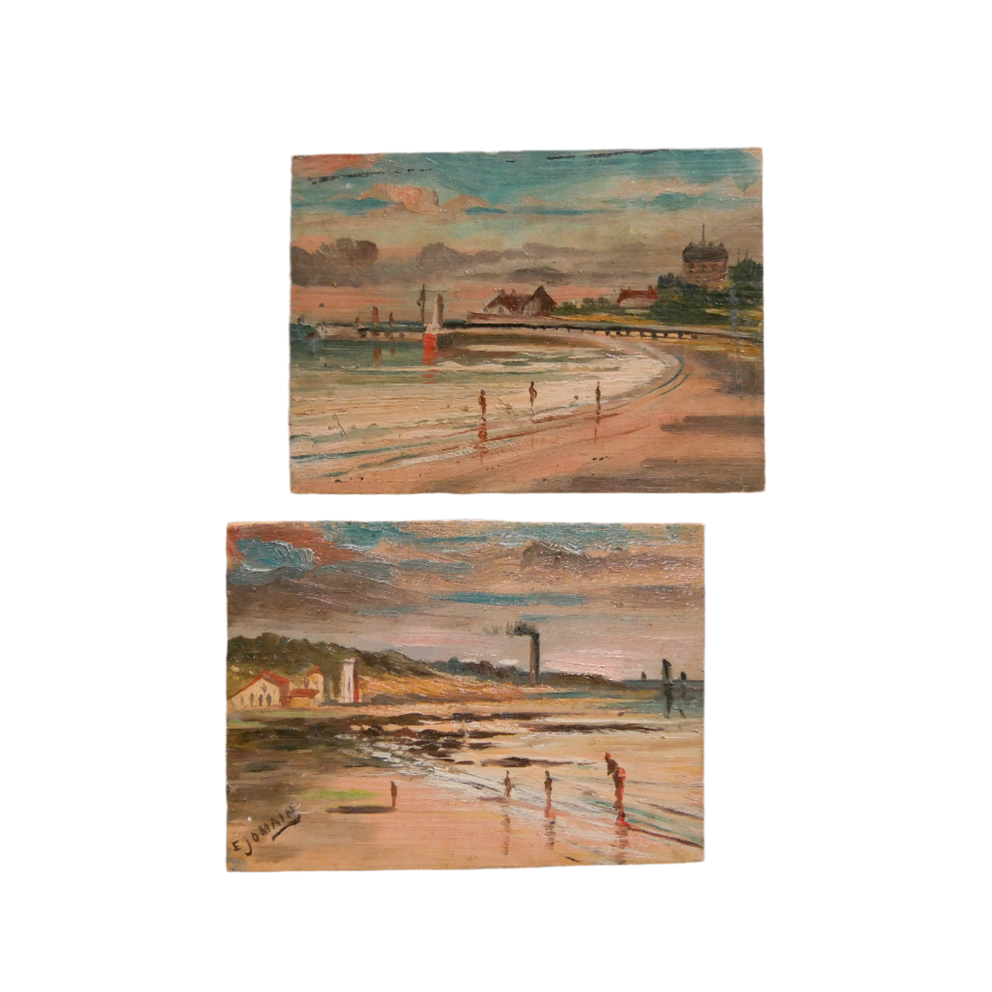 A beautiful pair of small coastal beach paintings on little wooden boards. Each original painting is wonderfully rendered with delightful and moody colours. The artist has signed one painting.
These original pieces of art look great displayed against a wall or on a mantelpiece, etc, and would also look equally nice on miniature easels as seen in two of our photos, or framed and on the wall - many possibilities!