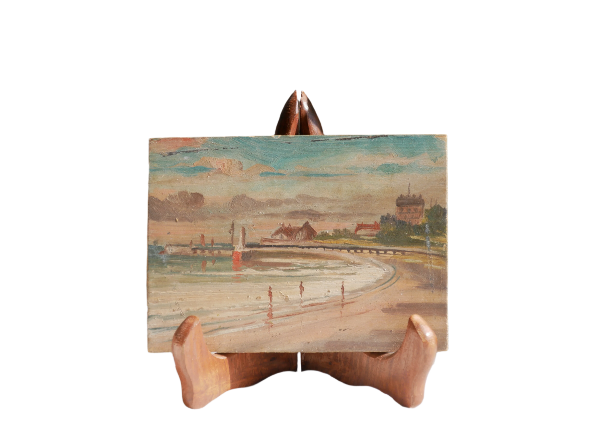 A beautiful pair of small coastal beach paintings on little wooden boards. Each original painting is wonderfully rendered with delightful and moody colours. The artist has signed one painting.
These original pieces of art look great displayed against a wall or on a mantelpiece, etc, and would also look equally nice on miniature easels as seen in two of our photos, or framed and on the wall - many possibilities!