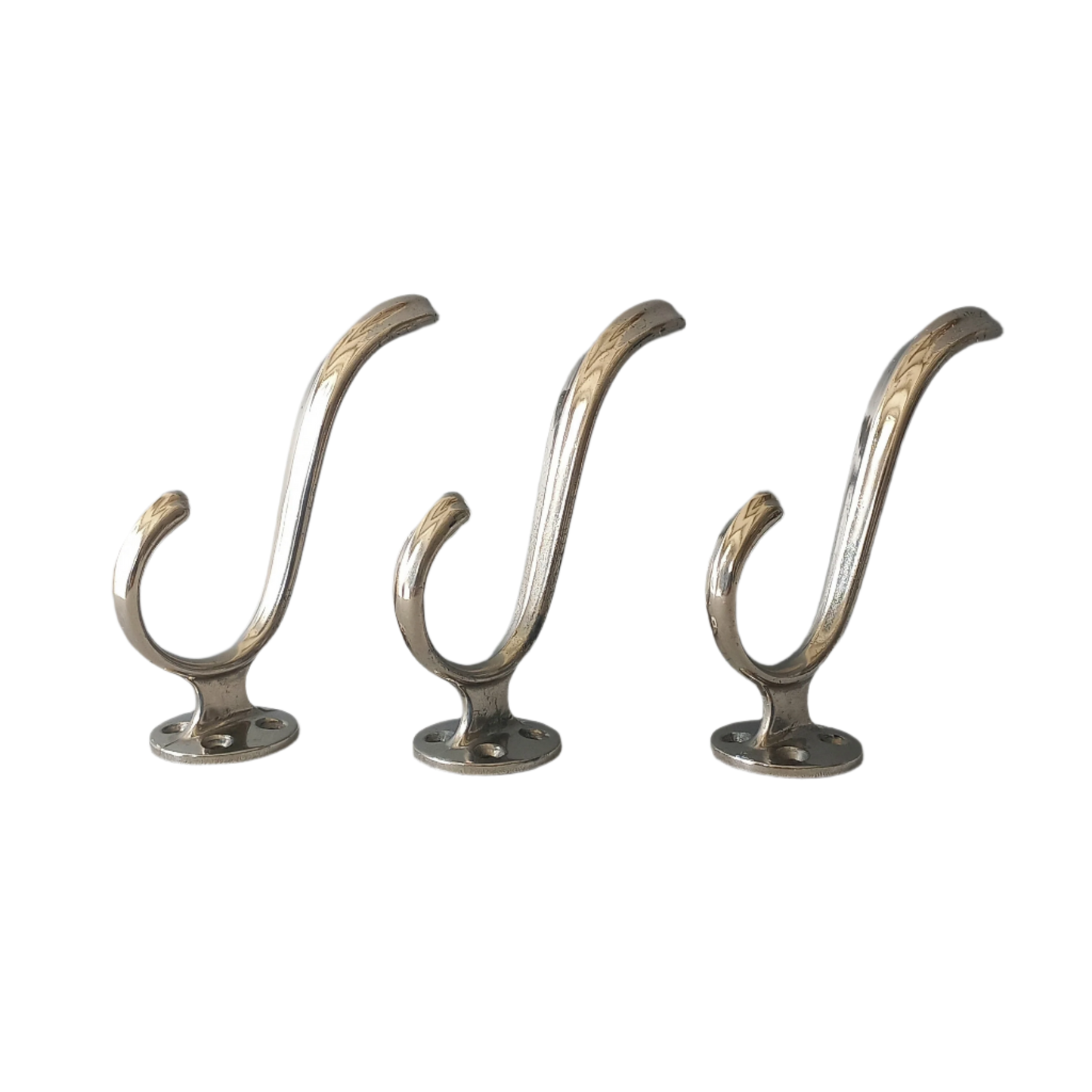 3 x French vintage silver coloured metal coat hooks in used sturdy used condition. Good for coat storage, dog leads, or maybe in the kitchen or bathroom for towels.
Circa. 1930s/1950s.