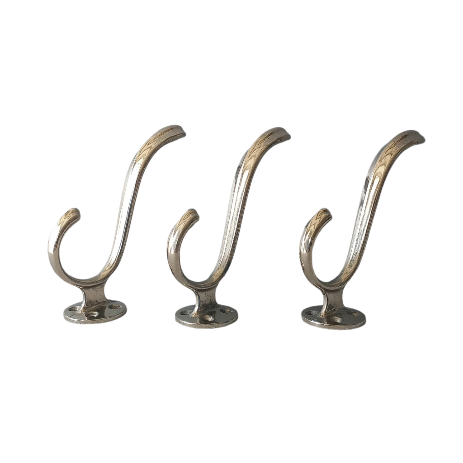 3 x French vintage silver coloured metal coat hooks in used sturdy used condition. Good for coat storage, dog leads, or maybe in the kitchen or bathroom for towels.
Circa. 1930s/1950s.