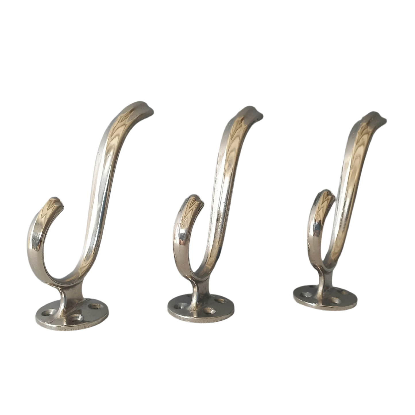 3 x French vintage silver coloured metal coat hooks in used sturdy used condition. Good for coat storage, dog leads, or maybe in the kitchen or bathroom for towels.
Circa. 1930s/1950s.