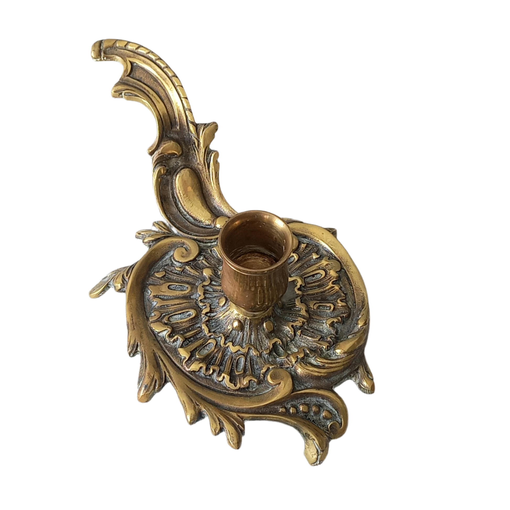 An original French antique brass/bronze chamber stick, a small, heavy for its size and decorative antique candle holder that will be a welcome addition to any interior.