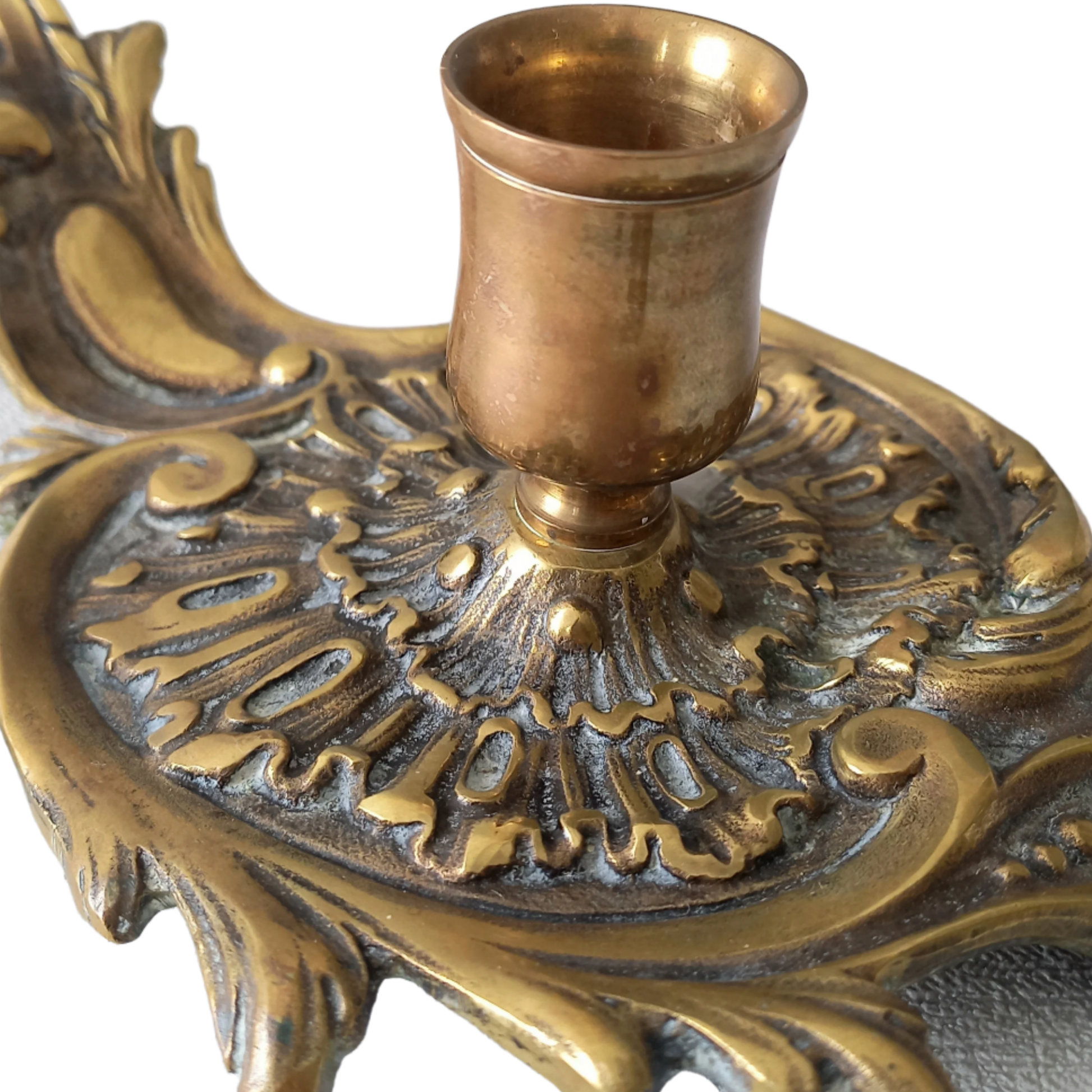 An original French antique brass/bronze chamber stick, a small, heavy for its size and decorative antique candle holder that will be a welcome addition to any interior.
